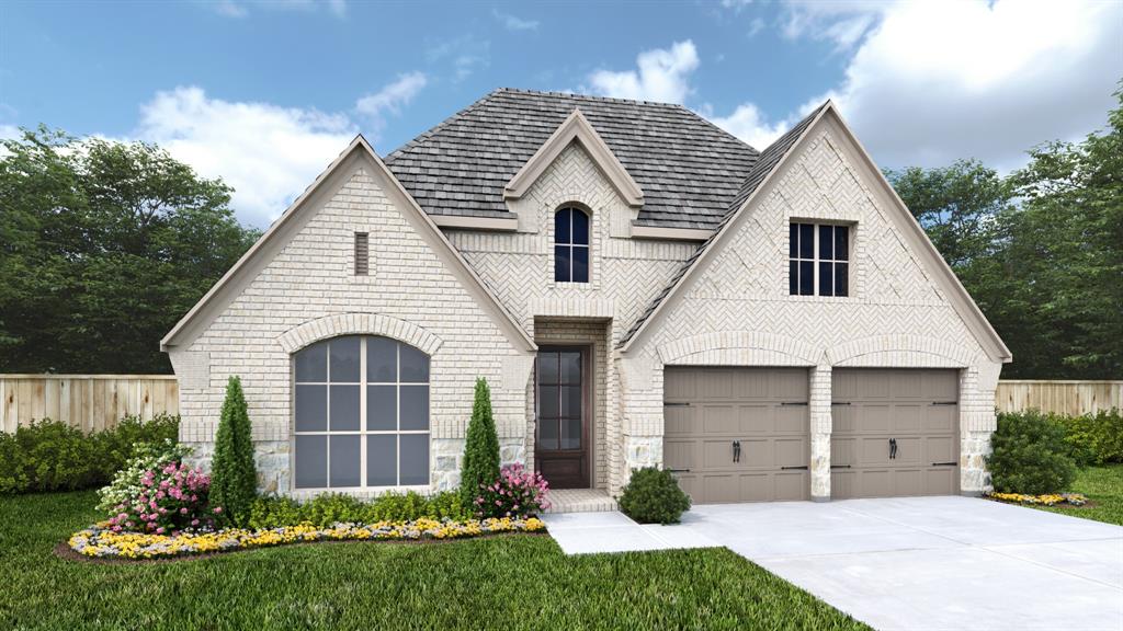 Extended entry with 13-foot ceiling leads to open kitchen, dining area and family room. Kitchen offers generous counter space, a 5-burner gas cooktop, a built-in double wall oven, corner walk-in pantry and inviting island with built-in seating space. Dining area flows into family room with wall of windows and a wood mantel fireplace. Game room with French doors just across from kitchen. Primary suite includes double-door entry to primary bath with dual vanities, freestanding tub, separate glass-enclosed shower and two large walk-in closets. Secondary bedrooms feature walk-in closets. Covered backyard patio. Mud room off two-car garage.