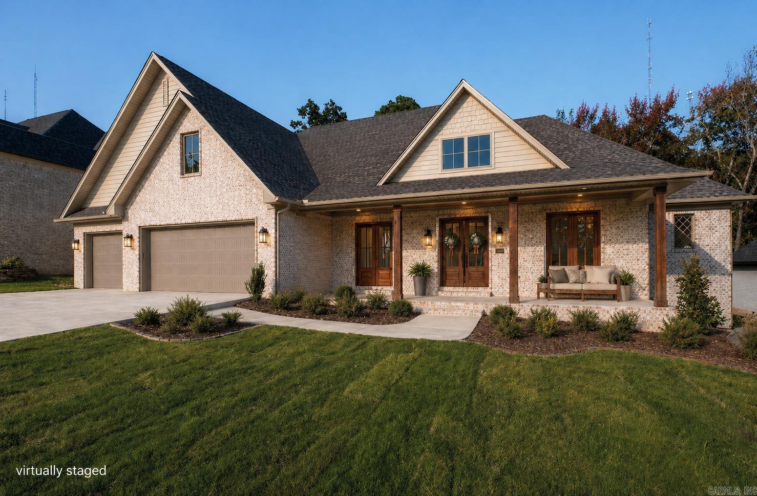 Newly constructed, private nature-backed luxury retreat in the heart of West Little Rock. The 4268 SF 4 bed/4.5 bath home is located on a level lot with 3 bedrooms on the main level. Office is directly off the main entry with 2 sets of French doors. The large primary suite offers spa-like bathroom, make-up vanity, full length mirror, soaker tub, walk-in shower, & linen closet. The adjoining closet has laundry room access providing extensive storage and wall mounted ironing board. The kitchen offers abundant cabinets, a large island with quartzite top, 6-burner gas stovetop, double oven, microwave, & walk-in pantry.  The adjacent dining room has a built-in buffet with Tudor style glass doors & matching quartzite top. The gas log fireplace in the living room is trimmed in fluted tile and surrounded by built-ins. Upstairs find a bedroom, bath, craft room, lounge and large flex space. Outdoors provides an ideal place to entertain and enjoy nature on the private covered porch with fireplace. Three car garage, copious storage, high efficiency systems, hardwood floors through most of the home complete this traditionally styled residence. Enjoy private walking/bike trails in Bear Den.
