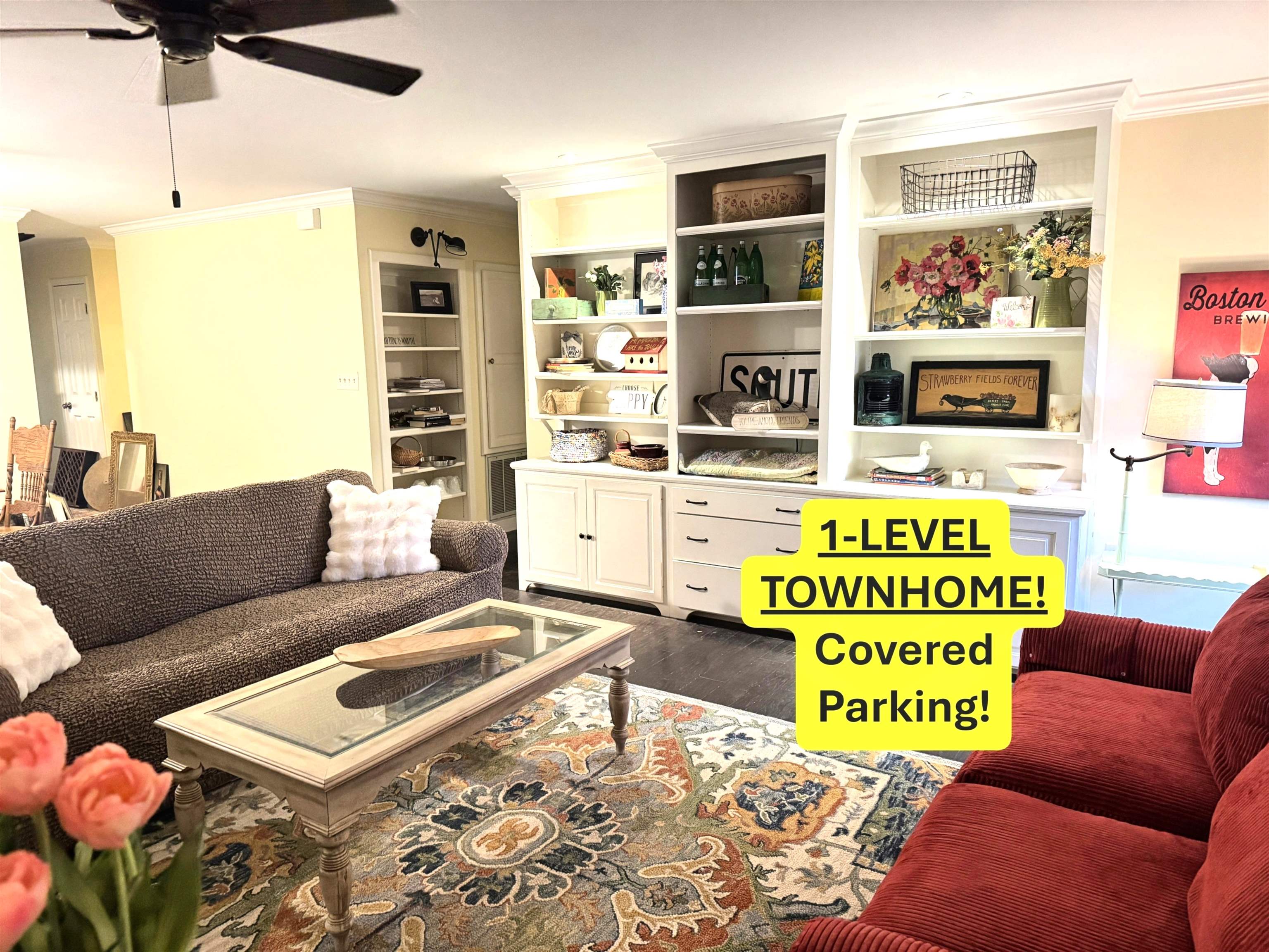 Wonderful ONE-LEVEL, FULLY FURNISHED newer townhouse, 2 bedroom 2 bath, updated with stainless appliances, remodeled kitchen, open shelving, large washer & dryer. Large open living-dining, both bedrooms have queen beds BIG TV (uses streaming only- bring your stick!), cute back porch, 2 car covered parking. YOU WILL LOVE THIS UNIT!! Lease long term $1,150 mo. tenant pays utilities with lease. AVAILABLE MARCH 25th. Equal Housing Opportunity. #003