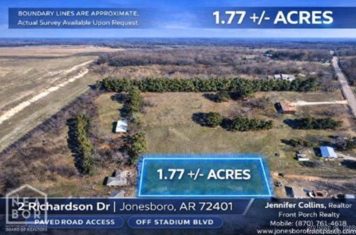 Rare opportunities like this don't come along often. This 1.77-acre tract offers flat, buildable land inside the Jonesboro city limits in a growing area near Richardson Drive and Limestone Drive. With road frontage and nearby CWL utilities, including electric, water, and sewer (buyer to verify availability and connection requirements), the property is well suited for a custom home, barndominium, or future residential development. Conveniently located just minutes from Parker Road, Stadium Boulevard, Interstate 555, NEA Baptist Hospital, shopping, dining, and schools, you'll enjoy the convenience of city living with room to spread out. Situated in FEMA Flood Zone A, future development is subject to zoning, engineering, elevation requirements, and city approvals. Whether you're looking to build your dream home or invest in one of Jonesboro's growing corridors, this property offers outstanding potential. Buyer to verify utilities, zoning, flood status, and permitted uses.