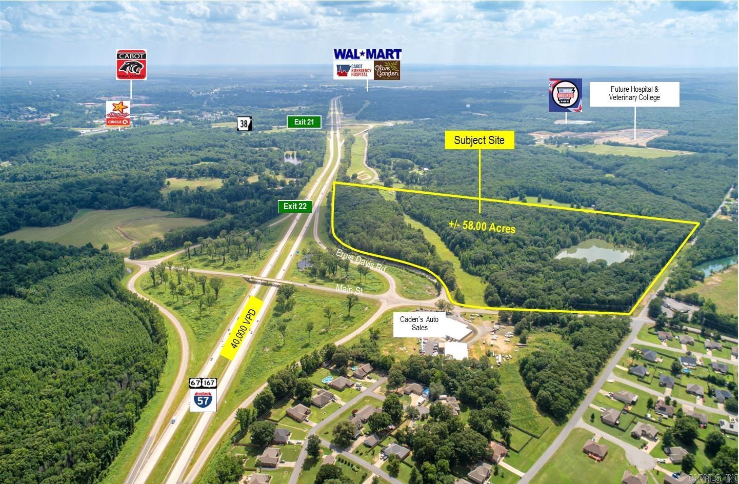 Excellent Development Site! +/- 58.00 AC just off I-57 in Austin (SW quadrant of Exit 22). Site has unrivaled visibility & access to the interstate which boasts 40,000 vpd. In an area of explosive residential & commercial growth including  Lyon's Veterinary College coming soon. Property is surrounded by new subdivisions and within a mile of Cabot's newly built Pre-k North.  Austin ranks as one of the fastest growing cities in Arkansas with an annual growth rate of 2.91% & 16.61% overall since the 2020 census. Area population is 18,621 in a 3 mile radius & 43,420 in a 5 mile radius. Site is gently rolling & perfect for Commercial, Multi Family or Residential developments. City water on site and access to city sewer. If you are looking for the ultimate opportunity for growth, or perfect place to build a generational estate, look no further. This site provides a large range of possibilities for development. Must be rezoned for intended use. Call today!