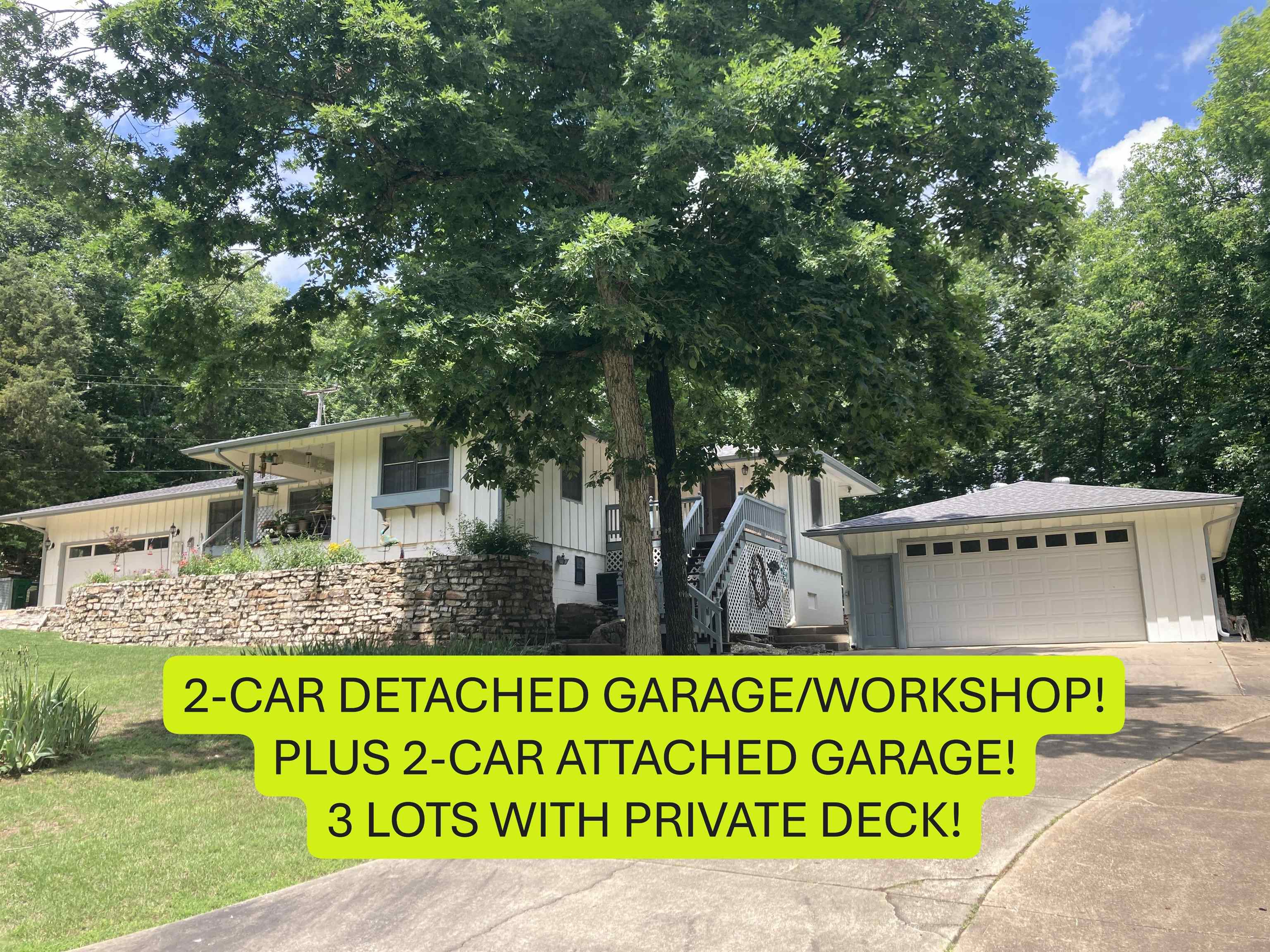 BIG HOME w/24x30 DETACHED GARAGE/WORKSHOP ALL ON 3 SURVEYED LOTS!  This 2 bedroom, 2 ½ bath home sits in the heart of Cherokee Village, with attached garage & RV parking with separate driveway. This home has had many updates from NEW ROOF & gutters in 2022 & hardwood flooring. Completely updated kitchen including new flooring & cabinets, granite & butcher block counter tops, gas cook stove & built-in microwave. Attached breakfast area also has new flooring and has lots of windows overlooking the backyard.  Primary bedroom & updated bath with tiled walk-in shower has an attached bonus room that could be used for a home gym, hobby room, or home office with a separate entrance to the outside. There is also a large guest bedroom with close proximity to the full hall bath. The huge living room, (appx. 15’x27’) can accommodate about any size family gatherings. There is also a separate Den or dining room with a lovely gas log fireplace that leads out to the back yard and to newly updated back deck & yard with new privacy fence. Tons of storage everywhere. Measurements from ArCo Data