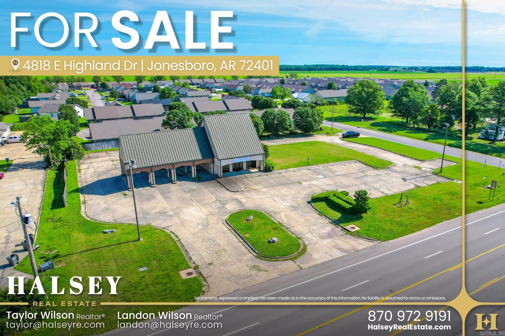 Positioned on E Highland Drive, this property offers strong visibility, easy access, and a flexible setup for a variety of uses. The corner lot provides generous frontage and consistent traffic, making it well-suited for businesses that rely on exposure and convenience.  The existing building features multiple covered drive-thru lanes and a functional layout that could accommodate a quick-service concept, coffee shop, service retail, office use, or a redevelopment. The large paved area allows for ample parking and adaptable site circulation.  Surrounded by a mix of industrial employers, nearby neighborhoods, and everyday retail, the location sees steady activity throughout the day and offers quick access to key corridors in Jonesboro.