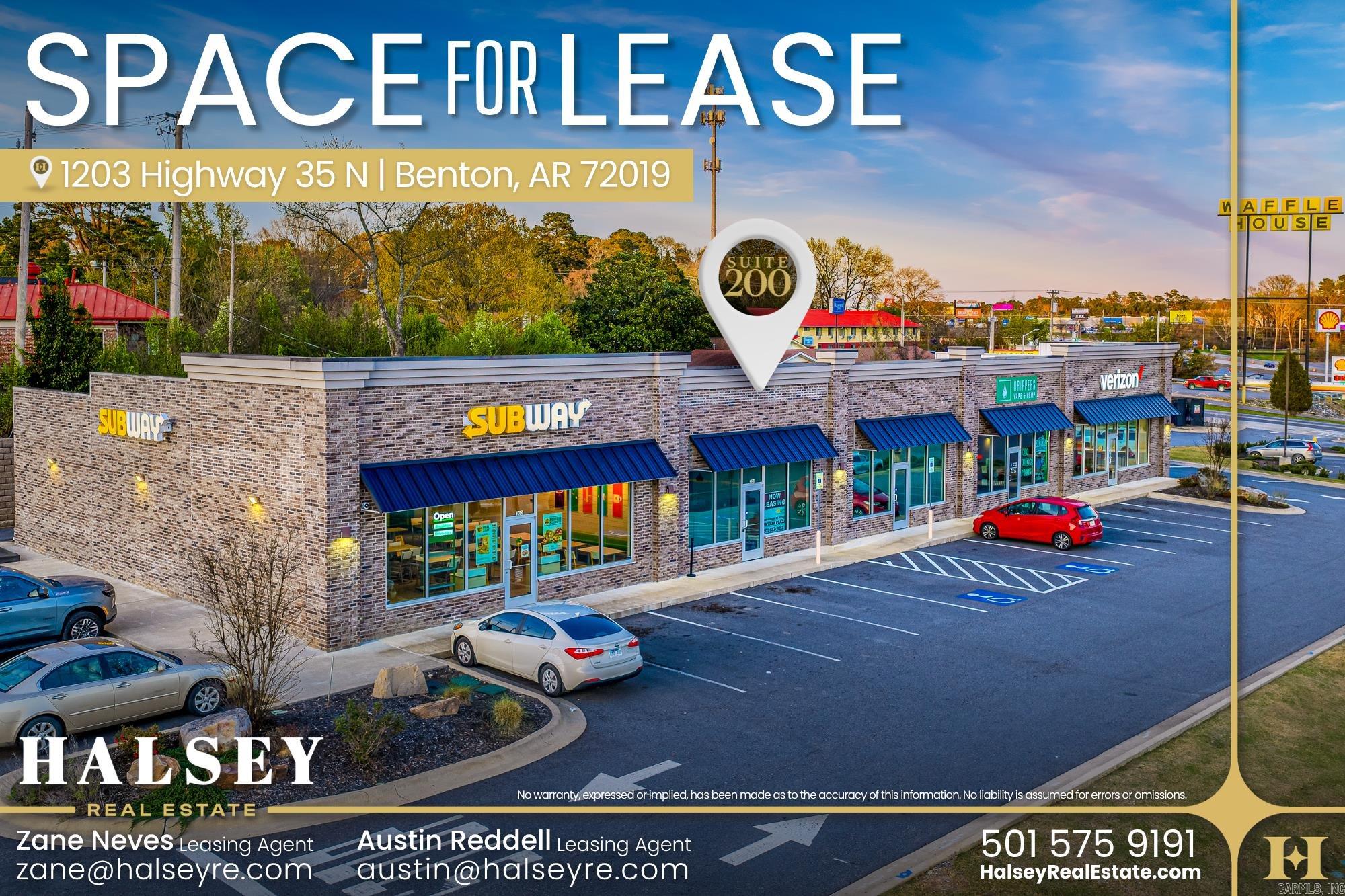 Prime commercial suite in Benton offering 1,375± SF with excellent visibility along Highway 35 North and quick access to Interstate 30. The space is located in a high traffic corridor surrounded by established businesses, retail, and restaurants, making it ideal for a variety of commercial uses with strong exposure and convenient accessibility.