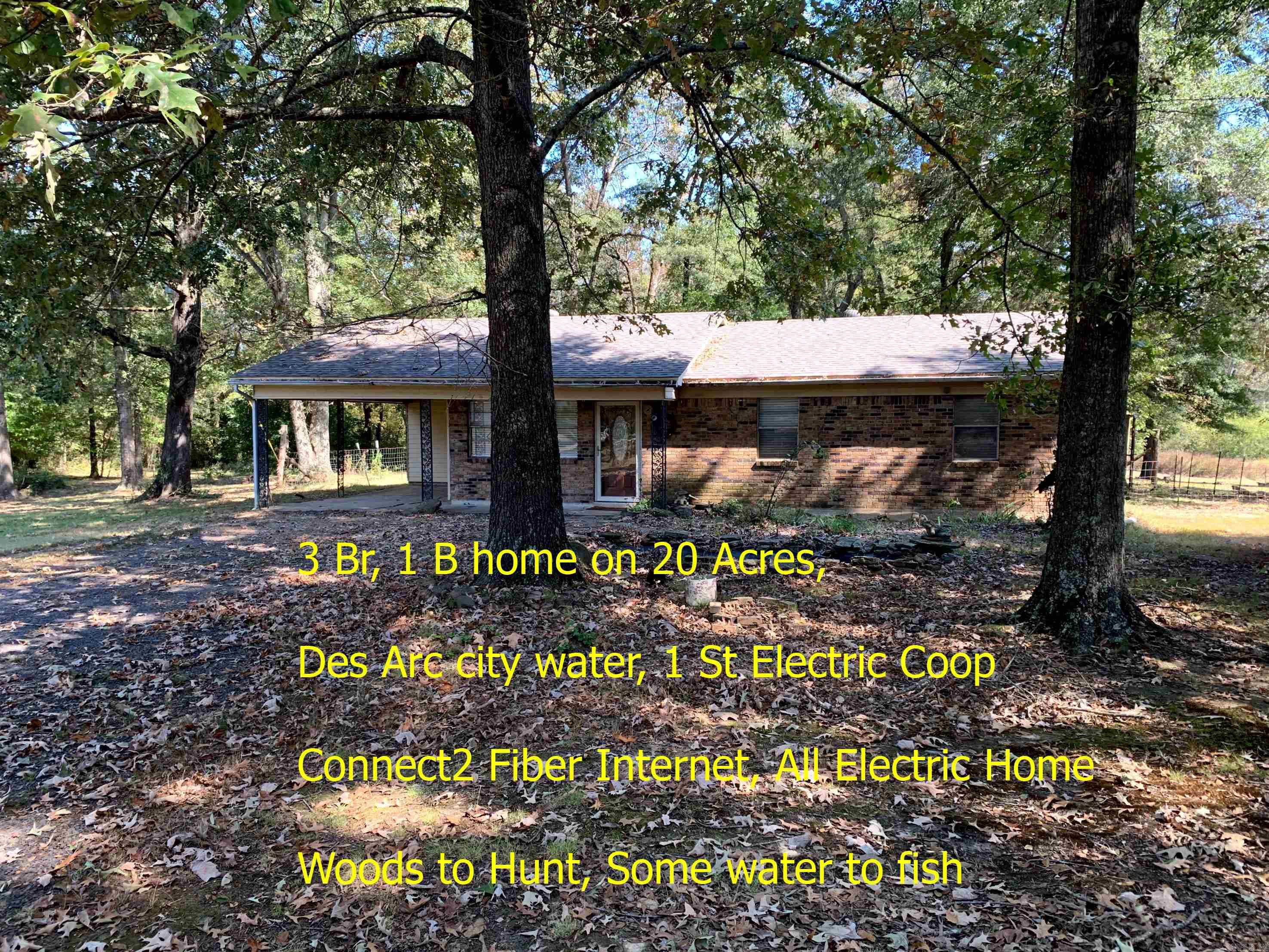 3 Br, 1 B Brick home on 20 acres 7827 Walters Chapel Rd, Carlisle, Arkansas 1, 145 sq ft brick home furnished with 2" Faux blinds and within the Des Arc school district, although very close to Carlisle's district which might be an option as well. Located just inside in Prairie County with Lonoke County 1/2 mile south of property. There is an extra Water meter and septic system from a double wide mobile home in the past on the North side of the property which could be used for another home, MH and or camper in the future. New roofing, Roof was replaced in 2023. It is an all-electric home powered by 1st electric, Has Des Arc Water, and has Connect2 Fiber internet access. Deer are footsteps from door and hunting is allowed as other things in this unrestricted property. For more information, please give the listing agent a call. We personally live less than 5 miles from here and enjoy the same type of country living this property has to offer. We wish you the best.