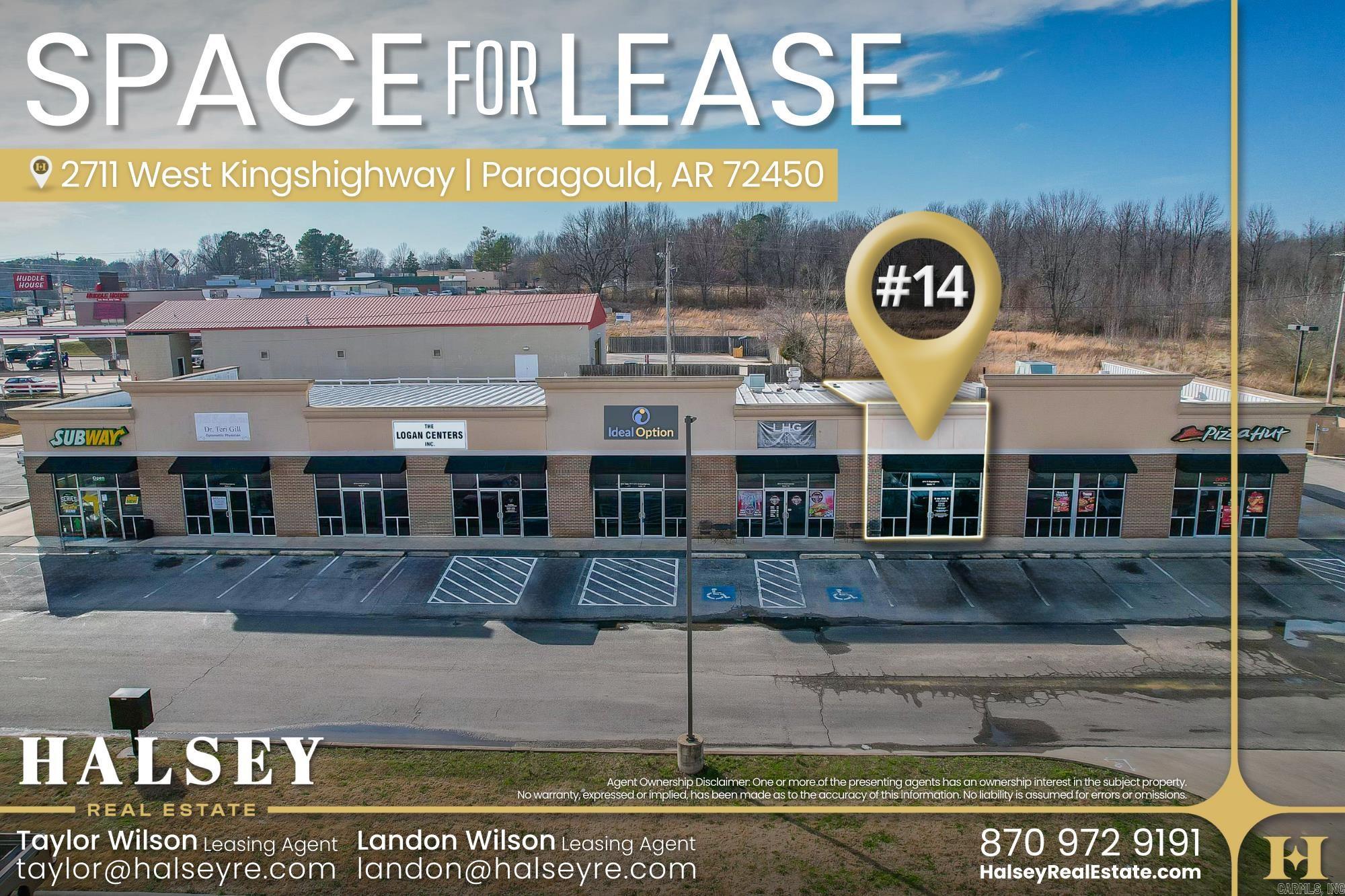 Located in the heart of Paragould's bustling commercial district, Cinema Shoppes presents a unique opportunity for businesses seeking high visibility and strong co-tenancy. This property offers a single space for lease, fully built out as a standard office with modern, neutral interior finishes. The location is ideal, positioned directly across from Malco Theatre and near major retailers such as Walmart, Gazaway Ace Hardware, and Wendy's, ensuring consistent foot traffic and exposure. Ample on-site parking adds to the convenience, making it an excellent choice for both tenants and their customers.  With established neighboring businesses, including Subway, Pizza Hut, and The Original Lemonade House Grille, this property benefits from a strong draw within the community. Its strategic location, paired with high traffic and visibility, makes it perfect for professional services or medical office use. Available immediately with a 5-year lease term, this space is ready to support your business's growth.