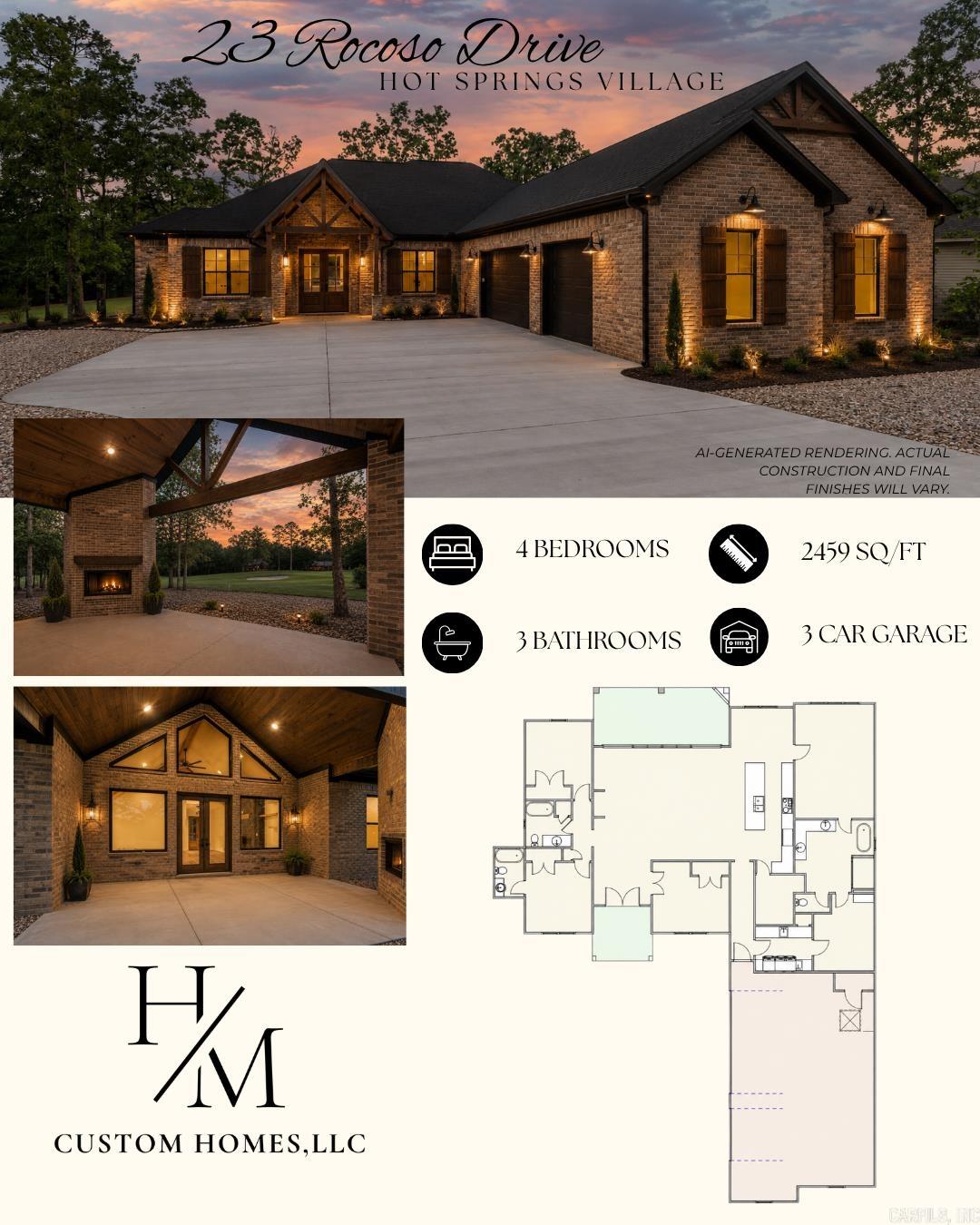 Enjoy golf course living in this beautifully designed new construction home overlooking Granada Golf Course in Hot Springs Village. Offering 4 bedrooms, 3 bathrooms, 2,459 sq/ft, and a 3-car garage, this home features an open-concept layout, high-end finishes, abundant natural light, and a spacious covered back porch with a fireplace—perfect for relaxing or entertaining while taking in the golf course views. Conveniently located near HSV amenities, golf, lakes, and trails. Get it under contract early and make it your own! Depending on the stage of construction, buyers may have the opportunity to select colors, finishes, and other design selections before completion. AI-generated photos are for marketing purposes only. Actual construction and finishes will vary.