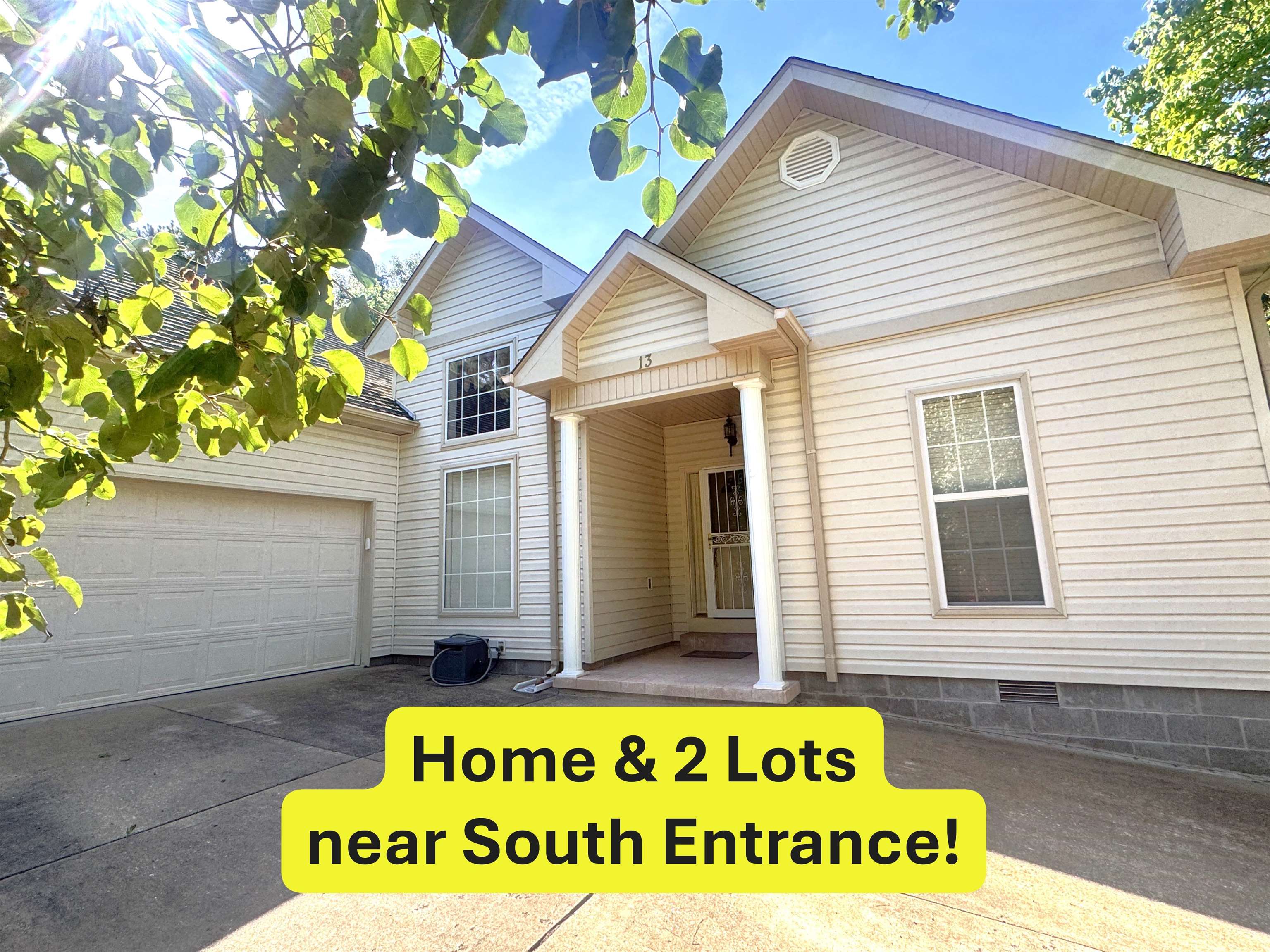 Maintenance free - new in 2000.  2 bedroom, 2 bath on 2 level lots with PRIVATE location, close to south entrance of Cherokee Village.  Tall ceilings, eat-in kitchen complete with range, refrigerator, dishwasher & microwave, plus formal dining room.  Split floor plan with bedrooms at opposite ends.  Master bath includes whirlpool tub, walk-in shower and walk-in closet.  Laundry room with extra storage, washer & dryer included in listing price. NEW HEATPUMP in 2026, gas log fireplace and water softener. 2-car attached garage, lovely patio & deck.   Concrete storm shelter, 2 storage buildings approx 12'x10' & 12'x24'.  All measurements per AR Co Data, lots of pretty trees & shrubs.  Listing #2431