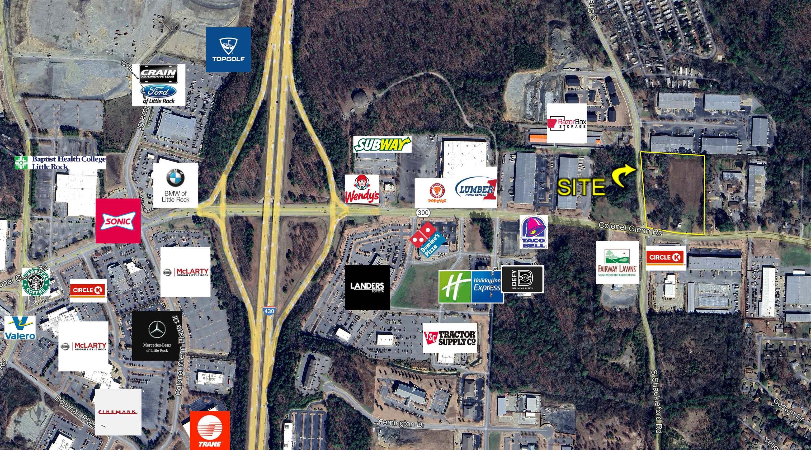 For Sale, Lease or Build to Suit! Approximately 7.3 Acres of Level Vacant Land.  This Property is Zoned Service Trade District on the Land Use Map but could be Rezoned for Various Commercial Uses. Great Location at the NE Corner of Colonel Glenn and Shackleford Road with a Traffic Signal.  Less than Half a Mile from I-430 and Less than 1 Mile from Topgolf.  Traffic Counts on I-430 are +/- 83,000 VPD and +/- 15,000 VPD on Colonel Glenn.  This Property also has 2 Residential Income Producing Properties.