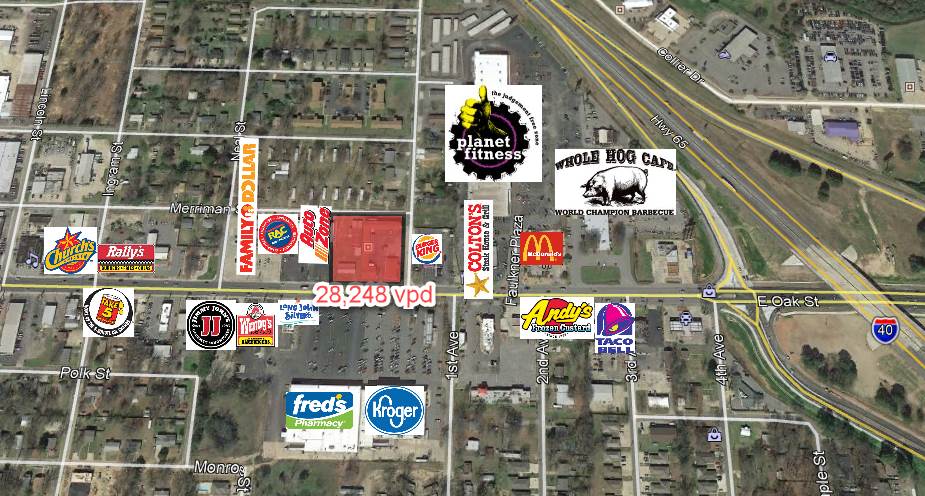 One of the last remaining undeveloped sites fronting Oak Street located between Interstate 40 and downtown Conway. Approximately 1.52 acre redevelopment opportunity between Burger King and Auto Zone and across the street from Kroger. 2020 traffic count of 28,548 VPD. Easy access to I-40 and surrounded by national retailers, restaurants, and lodging such as Andy's Frozen Custard, McDonald's, Walgreen's, CVS, Outback, Verizon, AT&T, Home 2 Suites by Hilton, Chipotle, TGI Fridays, Chick Fil a, and many more.