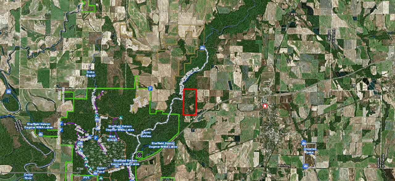 322.5 Acres abutting Cache River Refuge which abuts Dagmar WMA!!  Outstanding Deer and Duck ground!!  Clean access to Bayou Deview just north of I40.  Pine Plantation is holding deer which can be replanted or converted back to row crop.  This property has Green timber, Cypress, and Tupelo swamps.  Two big reservoirs anchor the north and south end holding good fish and ducks during the season.