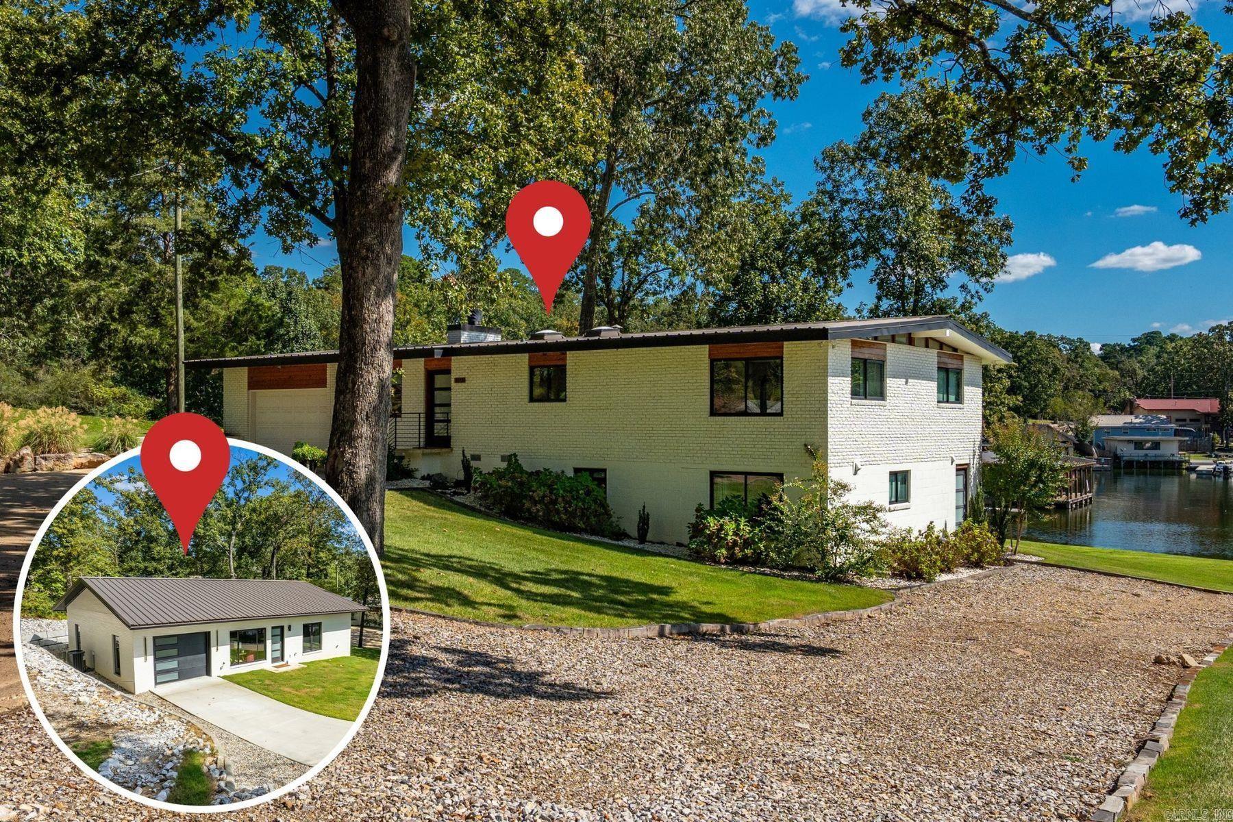 This distinctive lakefront estate offers two luxury residences on an acre of waterfront property in the heart of Hot Springs—ideal for multi-generational living, premium guest accommodations, or an income-producing investment. Enjoy a stationary double boat dock, swim/fishing dock, and gentle walk to the water in Lake Hamilton’s iconic ‘Sam’s Pizza Cove.’ The main house holds a coveted STR License, built with mid-century modern flair, fully restored in 2020, and is offered furnished for turnkey use. Sleeping eight, it features a primary suite on the walk-in level, a second king bedroom, and a versatile bunkroom/game lounge. The guest house, built in 2024 with finishes matching the main home, offers two beds, 1.5 baths, an open floor plan, abundant light, covered patio, and second garage. Both homes include on-demand water heaters, gas heat, lake-fed irrigation, premium appliances, brick facades, black-on-black Anderson windows, and metal roofs. With two beautiful homes, prime setting and transferable STR license this estate blends lifestyle and investment potential