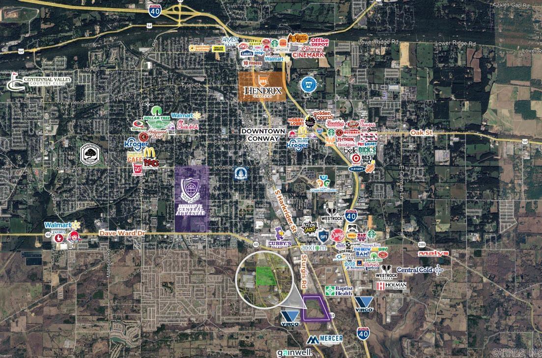 This ±71.2-acre development tract on Sturgis Road offers a rare opportunity for large-scale investment in one of Central Arkansas’ fastest-growing markets. Located less than 2 miles from Dave Ward Drive and South Harkrider Street—Conway’s primary commercial corridors—and approximately 2 miles from Interstate 40, the site provides excellent access and regional connectivity. Positioned within a rapidly expanding area, it benefits from nearby growth drivers such as Baptist Health Medical Center Conway, Virco Manufacturing, Gainwell Technologies, Mercer Mass Timber, and Crafton Tull. Currently zoned A-1, the property offers flexibility for future rezoning to accommodate manufacturing, distribution, residential, or multifamily uses. Situated in Conway, known as the “City of Colleges” with institutions like UCA, Hendrix, and Central Baptist College, the area supports a strong, educated workforce and continued population growth. With a diverse economy anchored by healthcare, education, technology, and advanced manufacturing, this site is well-positioned for long-term demand and investment stability.