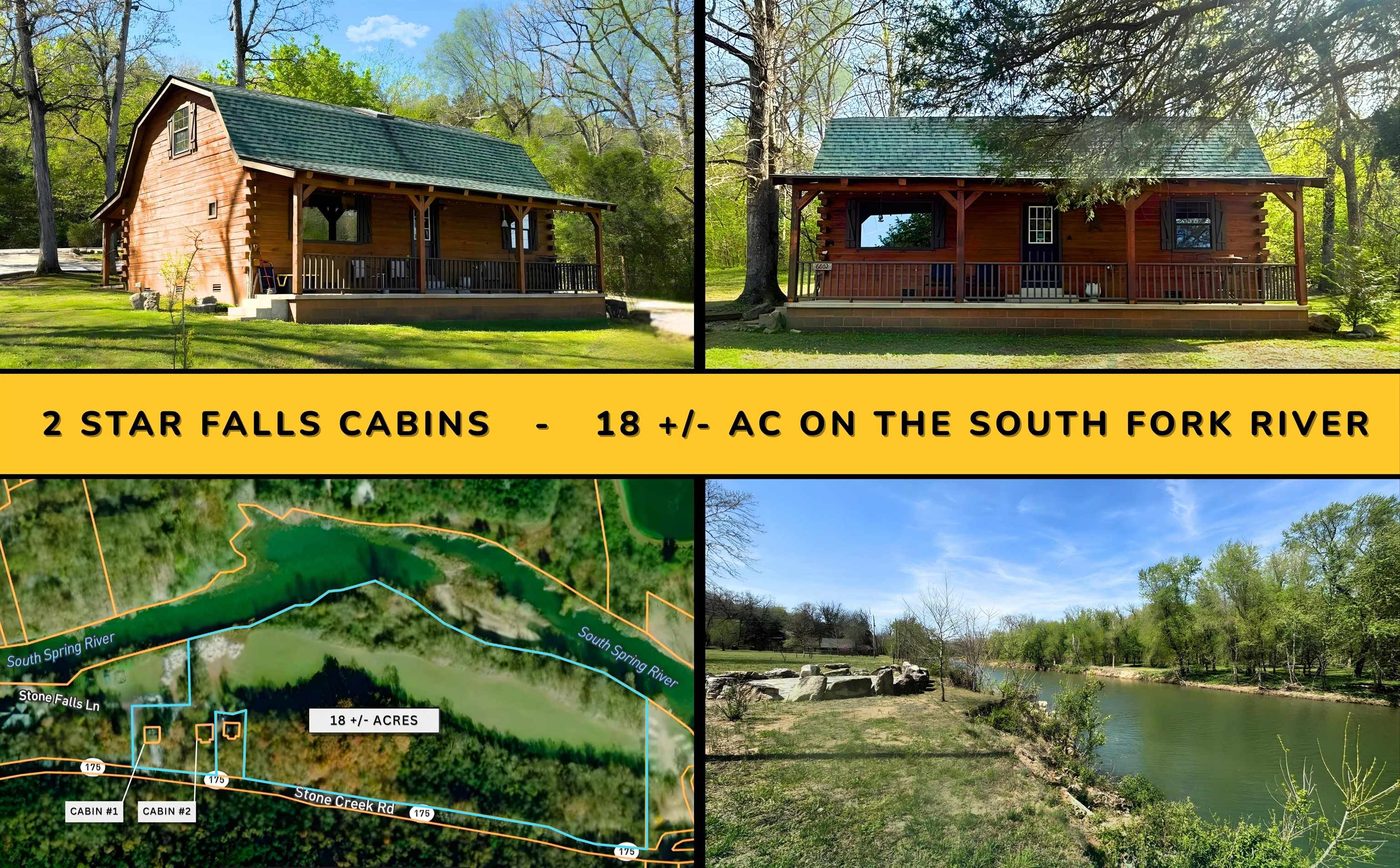 SOUTH FORK RIVER /TWO CABINS with 18 +/- ACRES including 1,500 +/- FT OF PRIME RIVER FRONTAGE. Ready to own a piece of paradise? This remarkable riverfront property offers 18+/- acres and 1,500+/- feet of exceptional South Fork River frontage and two charming cabins. CABIN #1 is two-stories including 1,312 sq ft and featuring 2 bedrooms, a large loft area that can be used for additional beds, 1.5 bathrooms, open concept living and dining room areas with full kitchen, and 2 covered porches. CABIN #2 is two-stories including 1,408 sq ft featuring 2 bedrooms, a large loft area that can be used for additional beds, 2.5 bathrooms, open concept living and dining room areas with full kitchen, washer & dryer, free standing wood stove, and 2 covered porches. The 18 ACRES include 1,500 feet of prime river frontage, a large open field, and an expansive tree-covered area providing plenty of room for building out of the flood plain. The property offers multiple investment options including adding more cabins and subdividing the land into individual riverfront lots. Located in Cherokee Village, this truly special property offers endless possibilities, giving you the Ultimate River View & Access