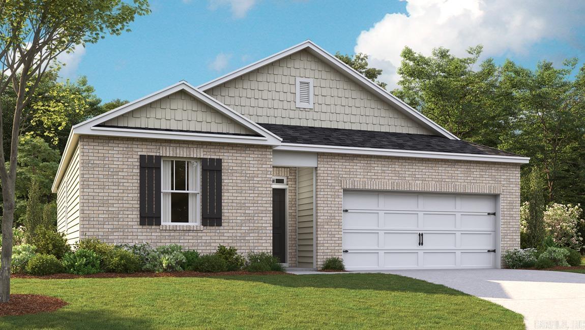 Estimated completion July 2026. The appealing one-story home includes many contemporary features, and an open-concept design, enhancing the wonderful feel of this home. The kitchen includes a large island perfect for bar-style eating or entertaining, a walk-in pantry, and plenty of cabinets and counter space. The dining room and living room both overlook the covered porch, which is a great area for relaxing and dining al fresco. The large primary bedroom, located at the back of the home for privacy, can comfortably fit a king size bed, and includes an en suite bathroom with double vanity, big walk-in closet, and separate linen closet. Two other bedrooms share a second bathroom. Pictures are for illustration purposes only.