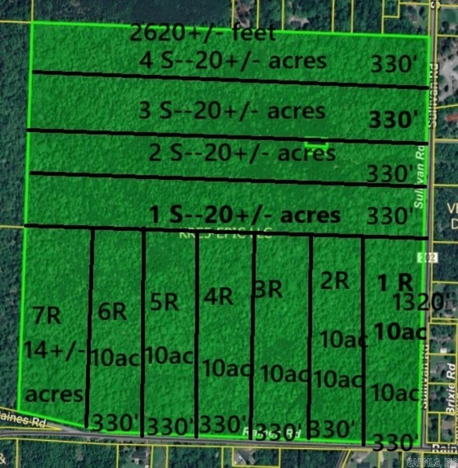 Property has 154+/- acres in Pulaski County, Arkansas. The Seller is breaking the property into 4 20-acre tracts, 6 10-acre tracts, and 1 14+/- acre tract. The 20-acre tracts are on Sullivan Road, have 330 ft of frontage, are priced at $400,000. The 10-acre tracts and the 14+/- acre tract are on Raines Road and are priced at $250,000 and $350,000+/- respectively.