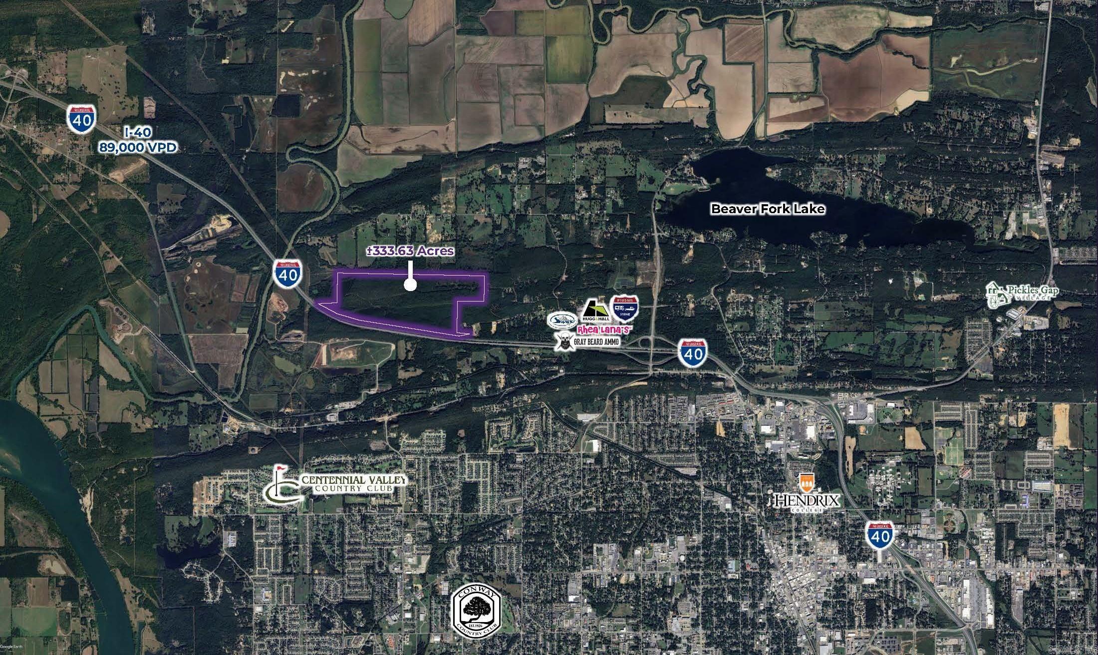 Rare opportunity to acquire ±333.63 acres in one of Central Arkansas’ fastest-growing markets. Strategically located north of Interstate 40 in Conway, Arkansas, this large-scale assemblage offers exceptional long-term development potential with exposure to approximately 89,000 vehicles per day along I-40. The property is positioned directly in the path of Conway’s continued northward growth and is expected to benefit from planned transportation improvements, including the proposed Western Loop and future Interstate 40 interchange connection to Hogan Lane, which would significantly enhance regional accessibility and connectivity. The tract offers flexibility for residential, mixed-use, commercial, recreational, industrial, or phased master-planned development and can be subdivided to accommodate a variety of project types. Located near Beaver Fork Lake and just minutes from downtown Conway, major retail corridors, educational institutions, and employment centers, the property combines scale, visibility, and future infrastructure advantages rarely available in today’s market. As Conway continues to experience sustained population growth and commercial expansion, this site presents a