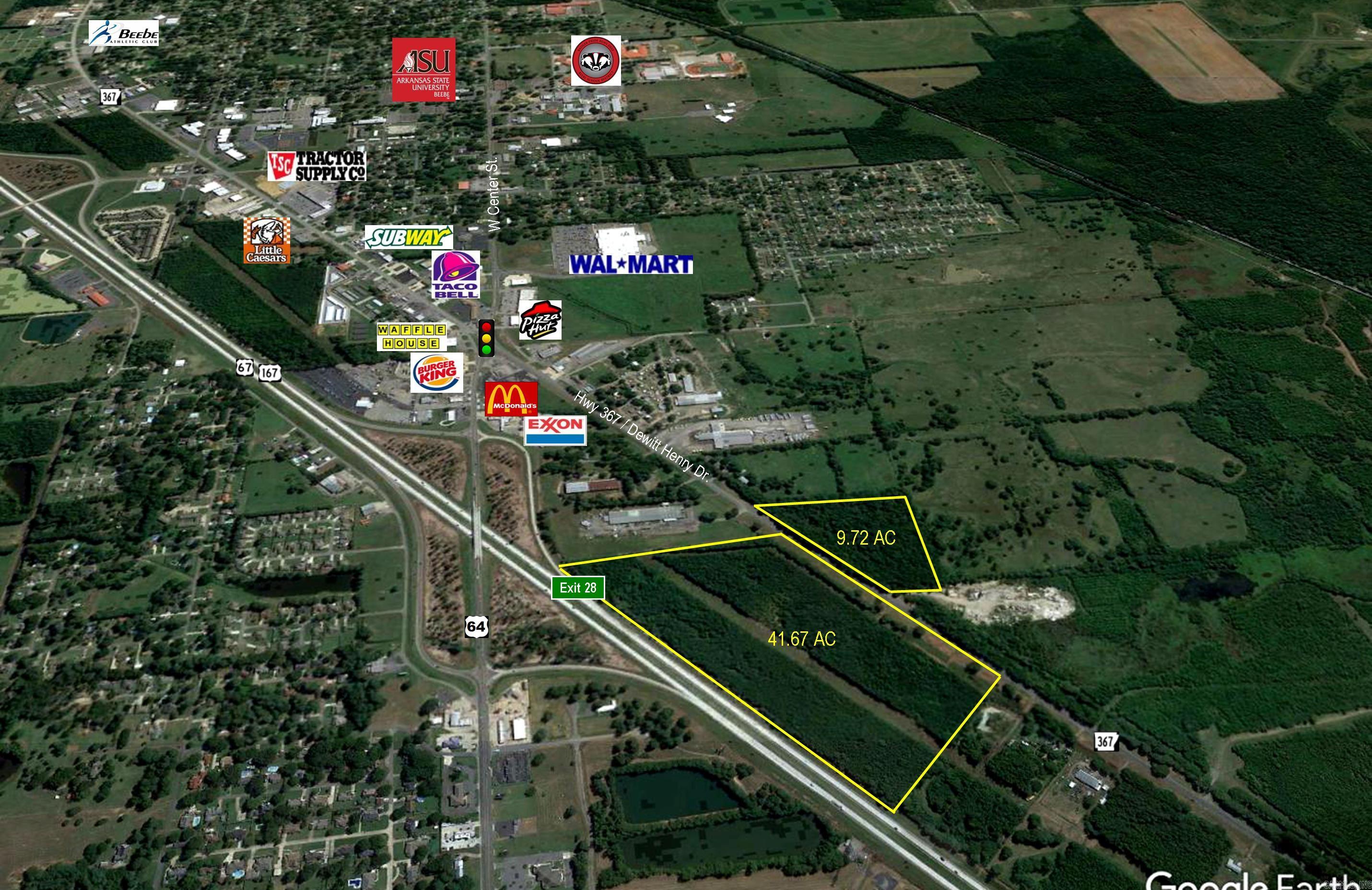 Prime location in Beebe w/superior visibility from Hwy 67/167; future I-57!  Property fronts W. Dewitt Henry/Hwy 367 & backs up to freeway at the first Beebe Exit 28 (Hwy 64).  Just 1/2 mile from Walmart Supercenter & other retail & hospitality.  Property is mostly level, inside city limits, w/city utilities available including water, sewer & gas.  Excellent location for large commercial development, multi-family or industrial.  Quick, easy access in all directions!  Call for more information.