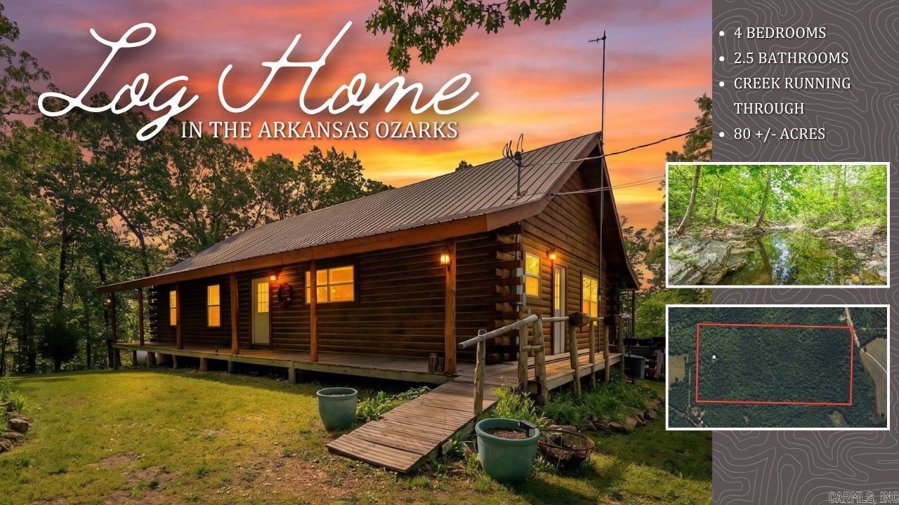 Hunting Retreat, Log Home, Creek Frontage on 80 Acres  Private 80± acre Ozarks retreat with a spring-fed creek, abundant wildlife, and no visible neighbors. Ingram Creek runs through the property, offering scenic views and excellent hunting with deer and turkey throughout.  The 4 bed, 2 bath log home features 3 bedrooms on the main level and a loft serving as a private 4th bedroom. The open kitchen and living area includes new flooring and a remodeled kitchen. A full unfinished basement offers storage, shelter, or potential for added living space.  Recent updates include new plumbing, well pump, water filtration system, stained log siding, and a new deck. Heating options include electric, propane, and wood furnace backup. The land offers timber, garden space, greenhouse potential, and outbuildings.  Located near the White River, Buffalo River, Bull Shoals Lake, and Norfork Lake, this property is ideal for hunting, fishing, and enjoying the Ozarks lifestyle.