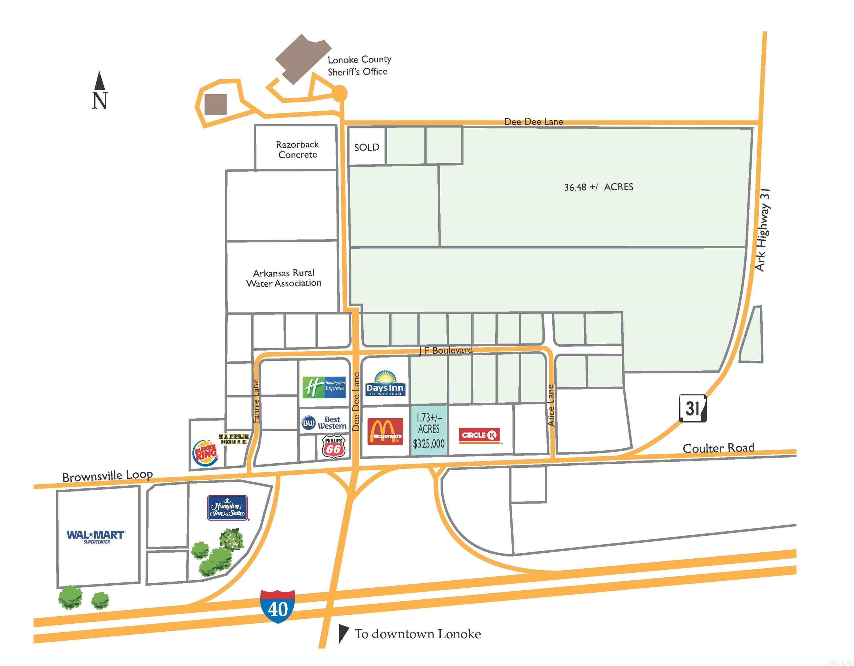 Great opportunity for commercial/industrial within the Lonoke city limits with all utilities available.  Sits right off of I40 next to multiple hotels, Walmart Supercenter, Burger King, Waffle House, Valero and numerous gas stations.  Additional tracts and acreage available.  Zoned Commercial.