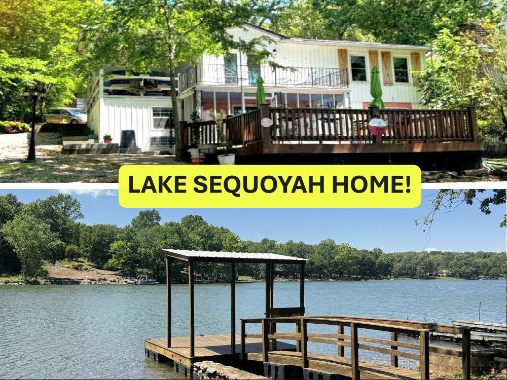 LAKE SEQUOYAH HOME Updated 3 bdrm, 2 bath Offered furnished! (firepit & chairs do not convey). Great lake property, metal roof, 2 bdrms , 1 full bath & flex room going out to balcony upstairs. Primary bedroom enjoys lake views! Main level easy care wood look tile. Downstairs a 1 bdrm (no closet) family rm, kitchen & dining, 3/4 bath, laundry, plus extra storage. Screened porch! Great back deck with hand stamped concrete path going down to lake. Cute storage bldg, nice partially covered Boat Dock! Sea Wall! Attached carport - Board & batten look vinyl siding, lots of plants & flowers - Extra parking (concrete). Lots to love - ready to move-in!! Just $308,000. #2429 Measurements from ArCo Data
