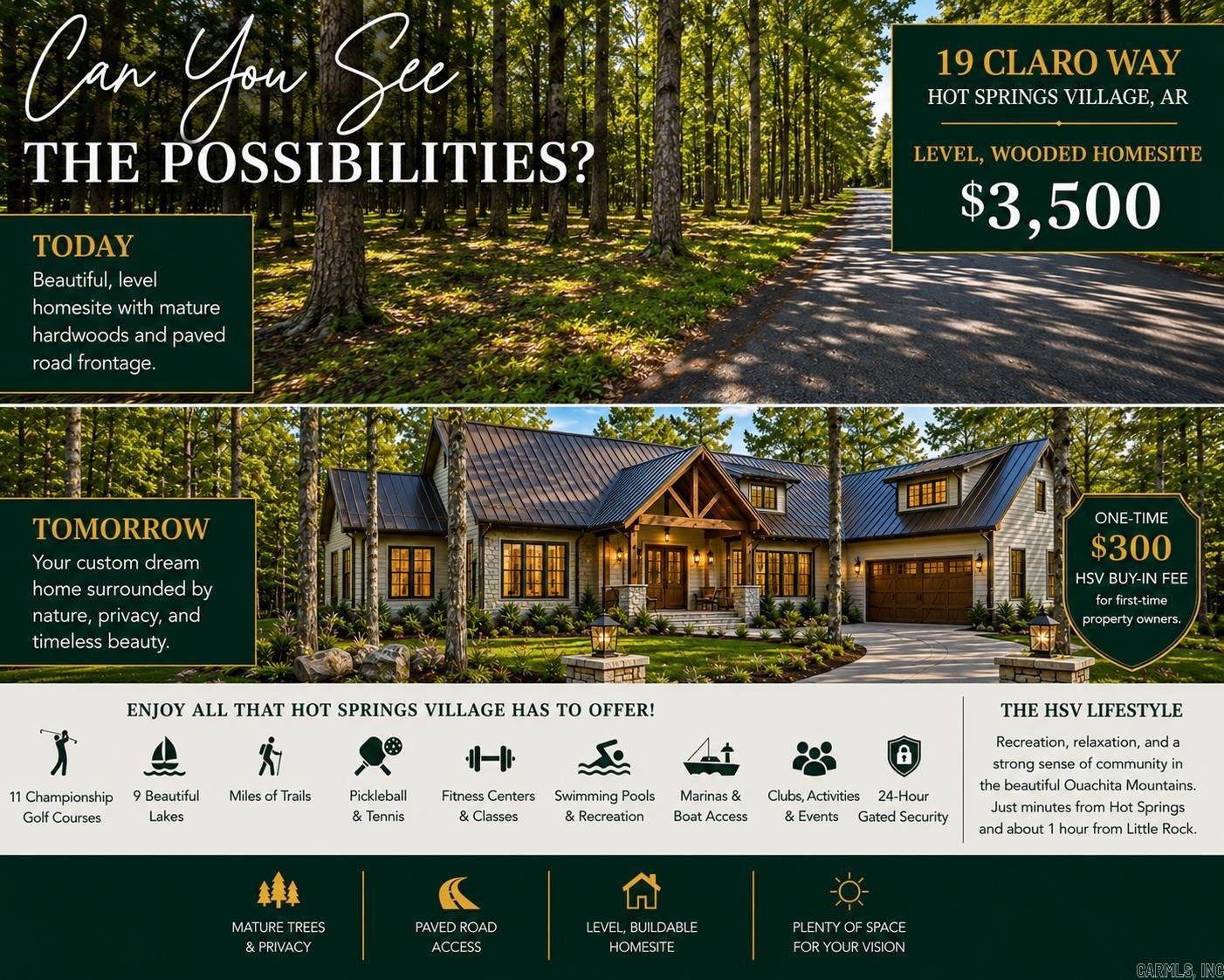 Nearly level wooded homesite in Hot Springs Village. Mature hardwoods provide natural beauty and privacy, while paved road frontage offers convenient access and an excellent building site. Whether you're ready to build now or planning for the future, this property offers the flexibility to create a home that fits your lifestyle! Ownership in Hot Springs Village provides access to an impressive array of amenities, including 11 championship golf courses, 9 recreational lakes, walking and hiking trails, pickleball and tennis courts, fitness centers, swimming pools, marinas, parks, restaurants, and a full calendar of clubs, activities, and community events. Residents also enjoy 24-hour gated security. Conveniently located just minutes from Hot Springs and approximately one hour from Little Rock, Hot Springs Village offers the perfect balance of recreation, relaxation, and everyday convenience. A one-time $300 Hot Springs Village Buy-In Fee applies to first-time property owners.