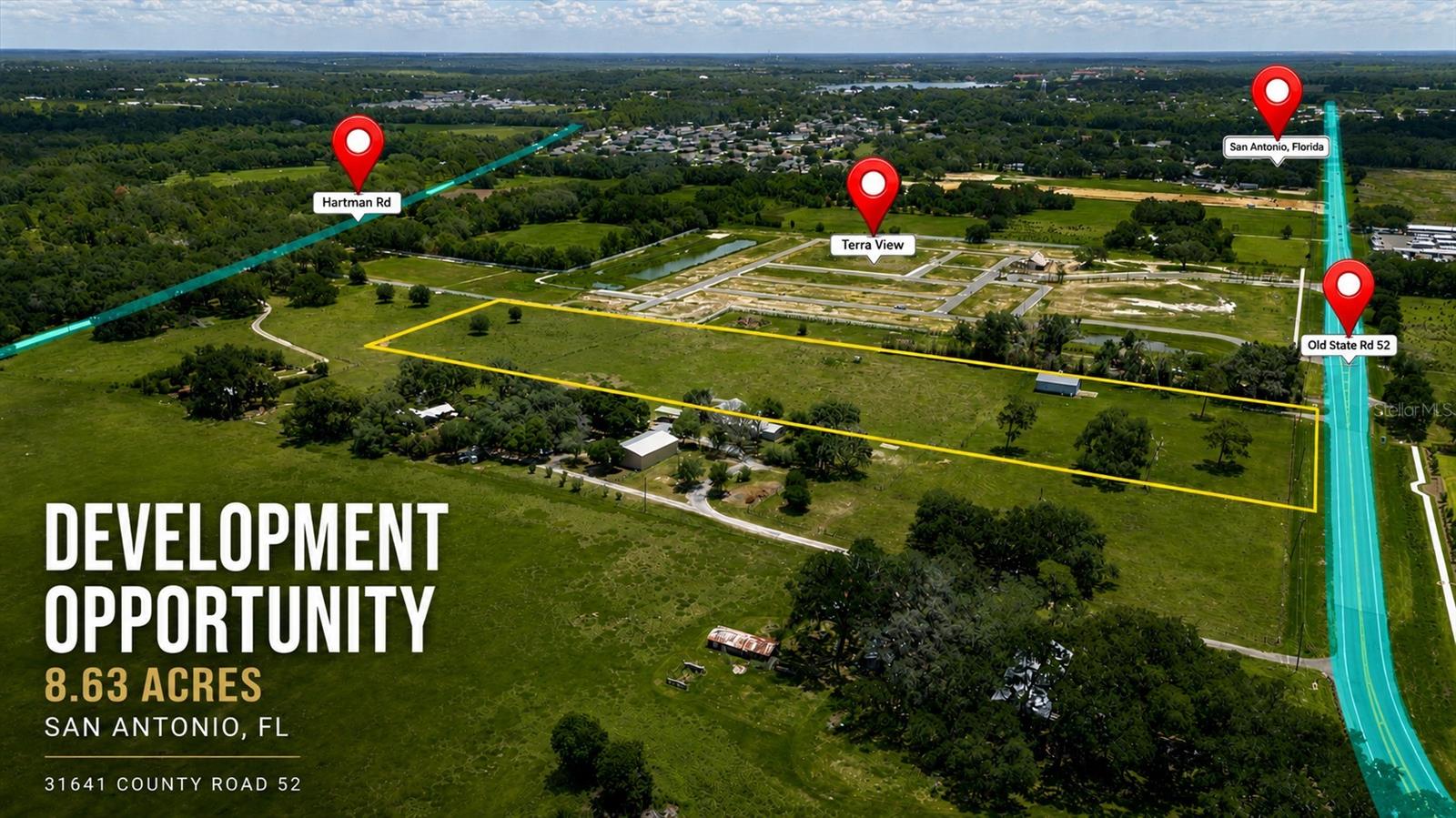 Prime Development Opportunity on the State Road 52 Corridor – 31641 County Road 52, San Antonio, FL 33576**

Exceptional 8.63-acre development site located along the rapidly expanding State Road 52 growth corridor in eastern Pasco County. Positioned adjacent to newly developed residential communities and just minutes from the master-planned community of Mirada, this property benefits from strong population growth, increasing consumer demand, and excellent visibility.

Featuring approximately 321 feet of frontage on State Road 52, the property has a Retail/Office/Residential (ROR) Future Land Use (FLU) designation, allowing for a wide range of commercial, mixed-use, and residential development opportunities, including:

• Retail and neighborhood commercial development
• Restaurants and dining establishments
• Medical and professional offices
• Service-oriented businesses
• Residential communities
• Luxury townhomes and condominiums
• Mixed-use development opportunities
• Additional permitted uses subject to county approval

For developers seeking a larger assemblage, this property may be purchased individually or combined with neighboring parcels to create a significant development footprint.

**Available Assemblage:**

• 31641 County Road 52, San Antonio, FL – 8.63 Acres – Offered at $3,295,000
• 31668 Hartman Road, San Antonio, FL – 8.63 Acres – Offered at $3,295,000
• 31557 State Road 52, San Antonio, FL (7.57 Acres) and 31619 County Road 52 (1.05 Acres) – Combined 8.62 Acres – Offered at $3,295,000

**Combined Assemblage Total:**

• Approximately 25.88 Acres MOL
• Approximately 642 feet of combined frontage on State Road 52
• Approximately 679 feet MOL of frontage on Hartman Road
• Offered at $9,885,000.00 (combined price of all parcels)

Strategically located within one of Pasco County's fastest-growing development corridors, this assemblage presents a rare opportunity for commercial, mixed-use, residential, or investment development. The combination of substantial road frontage, flexible future land use, and proximity to major residential growth makes this a compelling opportunity for developers, investors, and end users alike.

Call For additional information regarding zoning, future land use, and development opportunities!