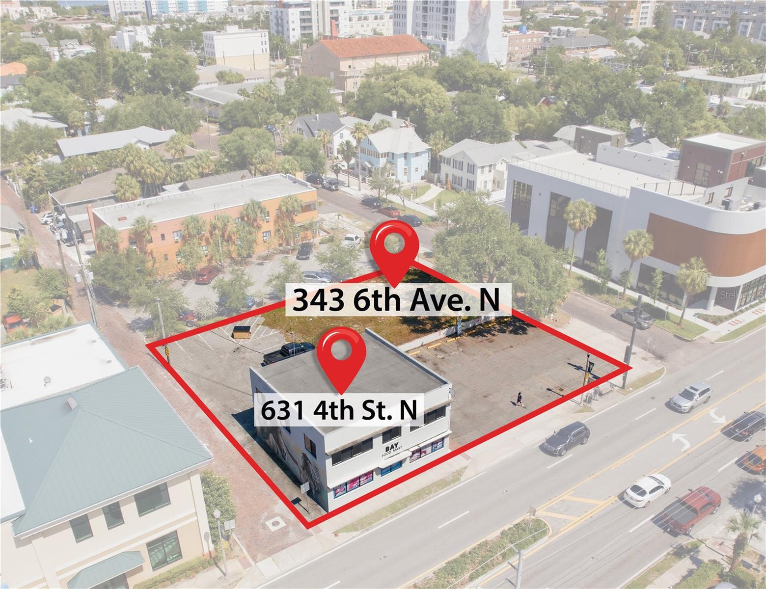 Bay Food Mart Development Opportunity
Corner Lot Includes Existing Building + Parking + Adjacent Grassy Area

631 4th Street North + 343 6th Avenue North, St. Petersburg, FL
Existing Building: 1,700sf ground floor retail + 1,600 second floor office/studio
Combined Lot Size:  0.3242 acres / 14,122 sf

Zoned CCT-1
Pre Approval For 3 story/13,300sf Mixed Use Development

Consider this site as your welcome mat to downtown St. Pete! 
With a daily traffic count of over 35,000 cars, downtown daily commuters will pass by from Tampa, the Old Northeast, and all of the other bedroom communities of Pinellas County!

The existing tenants have asked for longer leases but current ownership positioned the site for all possibilities, which includes clearing the site for your new vision. Maximum density with highest and best use will allow for three stories of mixed use, 3,900sf ground floor retail, with ten apartments (7,140sf). Or simply build to suit.

Call today to schedule a site visit.
Happy to share more about this optimal location in the Sunshine City and the nearby 21 story luxury apartment tower which was recently approved for development.