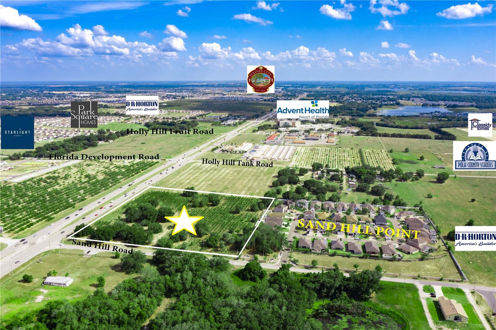 Sand Hill Crossings offers a developer 8.32+/- acres of Prime Real Estate in the fastest growth corridor of Polk County known as Davenport, FL. Opportunity presents a developer per Polk County Zoning varieties of Mixed usages from Storage, Restaurants, Hotel, Drive-thru, Pre-School, Medical, Office Park, etc.  Polk County has seen the job market increase by 3.9% over the last year. S&P CoreLogic Case-Shiller U.S. National Home Price NSA Index reported a 19.2% annual gain in January – up from 18.9% in the previous month. National Track home builders such as Cassidy Homes, Lennar, DR. Horton, Pulte, Hanover, Park Square are acquiring and developing land throughout the corridor of HWY 27. Cassidy Homes has accumulated thousands of acres between Haines City & Davenport surrounding the 8.32+/acres. DR Horton community Feltrium Reserve currently selling entry level townhomes at $189K+. Cassidy also has nearly 3,000-homes in the works at the Crosswinds,  which covers 603 acres and would eventually add 444 townhomes and 2,646 single-family homes to what is now vacant agricultural land. D.R. Horton says it will have homes there in the winter of 2023. New Developments are on the Rise as land is becoming scarce as the demand for homes in Florida continue to outpace developer’s inventory. Land sales are the highest and breaking records with bidding wars from developers across Florida and the globe. Rare opportunity to acquire one the fewest mixed-use pieces with over 600’ feet of frontage on HWY 27 abutting all the newest rising home developments.