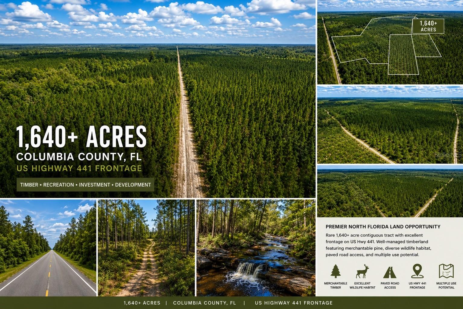 One of North Florida's largest privately available contiguous timber tracts, this extraordinary offering encompasses approximately 1,640.25 acres consisting of seven adjoining parcels offered together as a single purchase. Located along US Highway 441 in Columbia County, this exceptional property combines professionally managed timberland, premier hunting, recreation, and long-term investment potential. The entire property is subject to a recorded conservation easement. Per seller, the easement permits up to three residential or hunting lodge sites of approximately 3,000 SF each, subject to easement terms, governmental approvals, and applicable wetland setbacks. Approximately 1,050 acres consist of mature pine and hardwood timber, with an additional 575.4 acres professionally timber cruised and replanted. Timber was last harvested approximately 20 years ago, offering exceptional future harvest potential. A well-established interior road system extends from the gated entrance on US Highway 441 approximately three-quarters of a mile before branching north, west, and southeast, providing access throughout much of the property. Seven to eight established food plots with deer hunting blinds, abundant deer, turkey, and native wildlife create an outstanding setting for hunting, ATV riding, horseback riding, hiking, and outdoor recreation. The western boundary adjoins state-owned conservation lands, providing exceptional privacy and permanently protected surroundings. The northeastern portion contains naturally forested cypress wetlands that enhance wildlife habitat and ecological diversity. Zoned A-1 Agricultural, permitted uses include forestry, agriculture, livestock, wildlife management, and other uses allowed under Columbia County regulations and the conservation easement. Conveniently located approximately 25 minutes from Downtown Lake City with easy access to I-10 and I-75. Nearby attractions include the Suwannee River, Big Shoals Wildlife Management Area, and Stephen Foster Folk Culture Center State Park. An Interactive Property Atlas featuring GPS-mapped aerial photography, drone imagery, and cinematic property tours is available for qualified buyers. Rarely does an opportunity arise to acquire approximately 1,640 contiguous acres with mature timber resources, professionally replanted acreage, established roads, exceptional wildlife habitat, and outstanding North Florida accessibility.