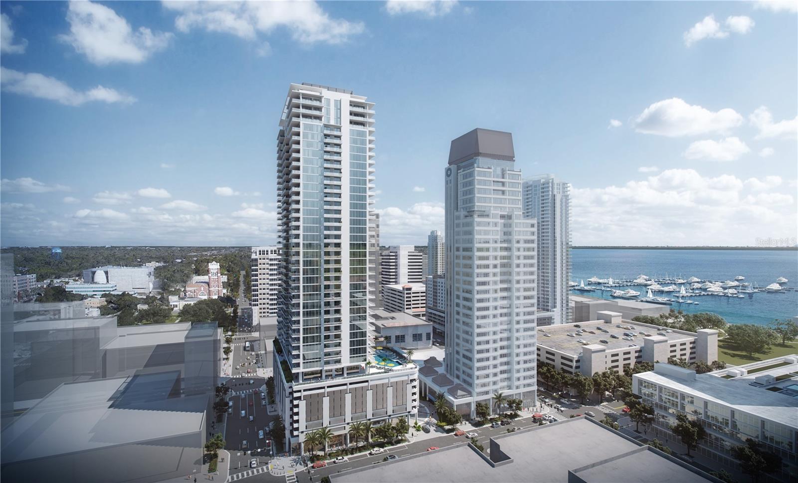 The developers of ONE St. Petersburg and Saltaire are bringing a fresh new perspective to luxury living in Downtown St. Petersburg.  Introducing Art House, a sleek 42-story tower where sophistication reaches new heights with artfully designed and luxuriously appointed live, work, relax and entertain residences.  Modern open plans provide the luxury of seamless indoor-outdoor living with spacious terraces, chef-inspired kitchens, flexible den/work-from-home spaces, and opulent owner’s suites featuring spa-like bathroom retreats. 
The Encore residence, 3 bedroom, 3.5 bathroom with a den features over 2,630 sq ft of entertaining space, located on the prime SE corner. Enjoy expansive views from floor to ceiling glass walls leading onto an oversized 43 ft terrace and an additional private terrace from the Owner’s Suite. Large den, walk-in laundry, powder room, European kitchen and appliances. Art House provides residents with exclusive access to a host of indoor and outdoor amenities and services that elevate everyday living into something effortlessly enjoyable.  Enjoy panoramic skyline and water views within proximity to the finest shopping, dining, culture, entertainment and co-work spaces.  At Art House Downtown is Downstairs.