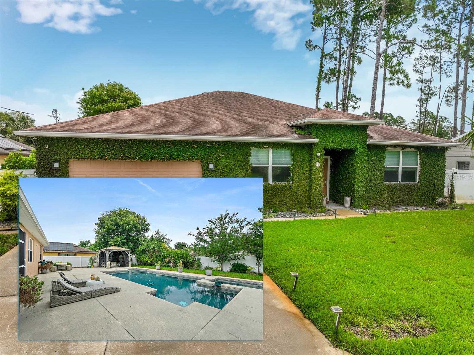 SOLID CHOICE FOR YEARS TO COME!

This custom concrete-block beauty pairs everyday comfort with resort-style living, highlighted by a stunning heated saltwater pool and thoughtfully curated upgrades throughout.
From the moment you step inside, the home feels bright, open, and uplifting. The main living area is framed by 11 ft double-tray ceilings and oversized double-pane windows, creating an elegant, sun-filled space perfect for relaxing or entertaining.
The heart of the home is a modern chef-inspired kitchen featuring:
• A 7 ft quartz island that anchors the space
• Custom cabinetry with soft LED under-cabinet lighting
• Premium appliances, including a Bosch panel-ready dishwasher
• 30 cu. ft. Samsung French door refrigerator
• Polished 24 ft porcelain tile and a refreshing designer backsplash
A smart split floor plan ensures privacy, with the primary suite tucked away from guest bedrooms. The home is equipped with smart features: Nest thermostat, exterior security cameras, programmable garage door opener, and app-controlled sprinklers  giving you full control even when you’re away.
Step to a screened porch and discover outside your private backyard retreat. 
The custom 30 ft x 15 ft saltwater pool features:
• 6 ft depth
• Deep spa flush hot tub with 6 therapy jets
• Two sun shelves
• Color-changing LED lighting
• Salt + UV filtration
• Resort-level filtration system
• A robotic effortless cleaner 
• Professional installation and maintenance
Surrounding it is a 1,231 sq. ft. concrete deck, complete with a metal roof cedar gazebo, bar seating, and plenty of room to entertain. A dedicated play area with rubber mulch adds a fun, safe space for little ones.
Thoughtful Property Highlights include
•Fully fenced yard for privacy and pets
• 4-zone irrigation system on a well (lush lawn, no added water bill)
• French drain + gutters and full perimeter plant beds for excellent drainage
• Two exterior hose bibs
Ideal Palm Coast Location
Close to schools, shopping, banks, Ind. Trails Sports Complex, Palm Coast Aquatics Center, Planet Fitness, Route 1, and I-95. A short drive to the ocean.
No HOA. No CDD.
This beautifully maintained home blends luxury, comfort, and convenience — offering the perfect place to settle into the easy Florida lifestyle.