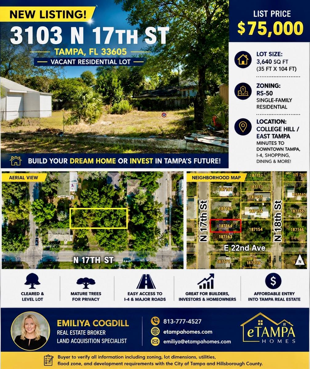 Build your dream home or invest in one of Tampa’s fastest-growing neighborhoods! This approximately 35’ x 104’ (3,640± square foot) residential vacant lot at 3103 N. 17th Street offers an outstanding opportunity for builders, investors, or future homeowners looking to be part of the exciting transformation happening in East Tampa. Zoned RS-50 Residential Single-Family, this property is recognized as a Lot of Record, and the seller is in the process of obtaining a City of Tampa Lot of Record determination. Buyers are encouraged to verify all zoning regulations, building requirements, setbacks, utilities, dimensions, and future development possibilities with the City of Tampa.

Location is everything, and this property delivers. Enjoy being just approximately 1.5 miles from Historic Ybor City, 2.5 miles from Downtown Tampa, 2.7 miles from Water Street Tampa, 2.8 miles from the Tampa Riverwalk, 3.0 miles from Armature Works, 3.2 miles from Sparkman Wharf, 3.3 miles from Amalie Arena, 3.5 miles from the Florida Aquarium, 4.5 miles from Hyde Park, 5.5 miles from Midtown Tampa, 7 miles from Raymond James Stadium, 8 miles from Busch Gardens Tampa Bay, and only about 10 miles from Tampa International Airport. Convenient access to I-4, I-275, the Selmon Expressway, US-41, and US-92 makes commuting throughout the Tampa Bay area quick and easy.

Surrounded by new construction, redevelopment, restaurants, breweries, shopping, hospitals, parks, schools, entertainment, and major employers, this property is perfectly positioned for someone looking to build a new home or make a smart long-term investment in one of Tampa’s most active growth corridors.