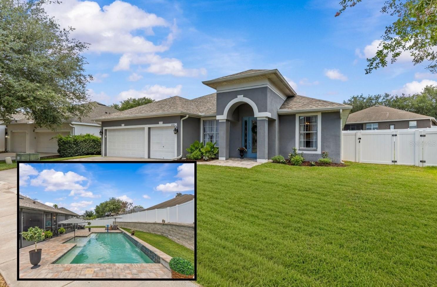 Under contract-accepting backup offers. STUNNING 4 BEDROOM, 2 BATHROOM, 3 CAR GARAGE HOME WITH A SALTWATER POOL, HUGE PAVER PATIO & AN ENTERTAINER'S BACKYARD OASIS IN STERLING HILLS! This beautifully updated home is designed for Florida living with a show-stopping 14x30 saltwater pool featuring a 10x6 sun shelf, a large paver patio area, a fully fenced backyard, and a spacious screened porch with removable slider doors for year-round enjoyment. The back porch also offers plenty of room and electric already set up for a future hot tub, making this outdoor space perfect for relaxing, entertaining, weekend cookouts, pool parties, and enjoying your own private backyard retreat. From the moment you arrive, you will notice the fresh curb appeal with a 3-dimensional roof installed in December 2025 with a 10-year warranty, paver front walkway, paver driveway insets, and fresh front sod completed in October 2025. Inside, the home features a beautiful renovated kitchen completed in September 2022 with 36-inch Diamondbrite cabinets, granite countertops, a decorative oven hood, farmhouse sink, kitchen island, and updated appliances including an LG counter-depth refrigerator, GE range, and GE dishwasher. The kitchen opens beautifully into the dining and living areas, creating a bright, open layout that is perfect for everyday living and entertaining. Vinyl flooring installed in November 2022 flows through the main living spaces, and updated light fixtures throughout the home add a fresh, modern touch. The secondary bathroom was fully renovated in July 2025, and the primary bathroom features a new vanity installed in May 2026. The spacious primary suite offers a relaxing retreat with a soaking tub, separate shower, dual vanity, and plenty of room to unwind. The backyard sod, fencing, pool, and paver patio were all completed in October 2022, making this outdoor space move-in ready and ready to enjoy. Additional updates include a replaced garage door opening system with new springs in Spring 2021 and numerous thoughtful upgrades throughout the home. Located in the gated community of Sterling Hills, residents enjoy resort-style amenities including two community pools, two playgrounds, pickleball courts, a volleyball court, splash pad, two gyms, a game room, sidewalks throughout the neighborhood, and gated sections for added peace of mind. This home combines beautiful updates, a gorgeous kitchen, a fantastic outdoor entertaining space, and incredible community amenities all in one!