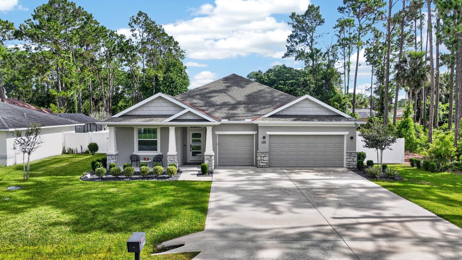 Beautifully maintained 2018 pool home in sought-after Cypress Knoll! This 4-bedroom, 3-bath residence offers 2,381 sq. ft., soaring ceilings, tile flooring throughout, a versatile den, and a 3-car garage. The open-concept layout features a kitchen with quartz countertops and abundant cabinetry, a breakfast nook, and custom built-ins. Enjoy Florida living from the expansive screened lanai overlooking a heated and cooled pool and integrated spa, massive concrete pool deck, and fully fenced backyard with lush landscaping. Conveniently located near Cypress Knoll Golf & Country Club, shopping, dining, I-95, and just 15 minutes from Flagler Beach.