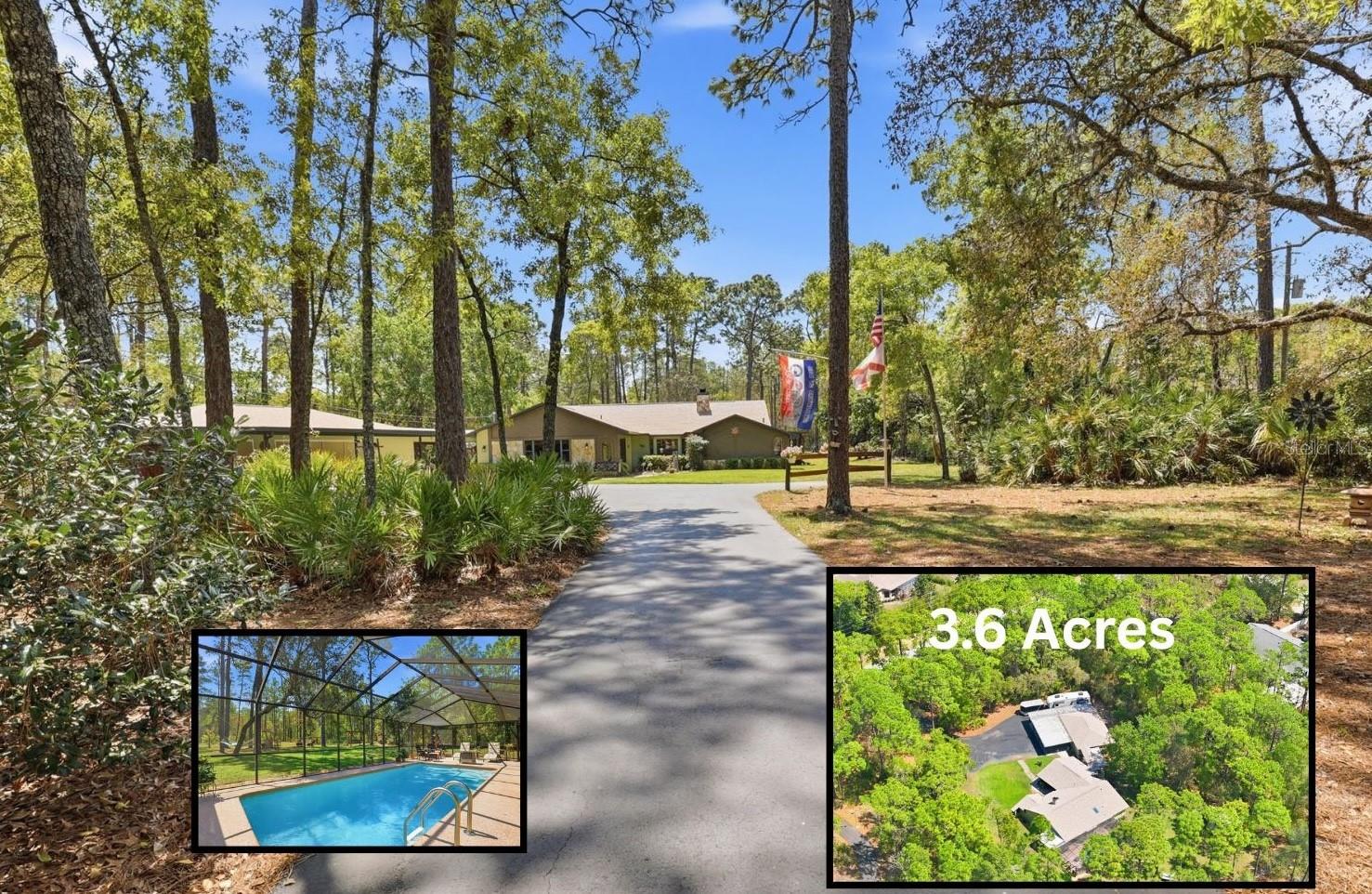 Private 3.6-Acre Pool Retreat in Weeki Wachee with No HOA, 2023 Dimensional Roof, Electric Gated Entry, Fenced & Cross-Fenced Grounds, Oversized 3-Car Garage, 4-Car Carport, RV Parking with 50-Amp Service, and an Incredible Outdoor Entertaining Setup. Although located west of US-19, this property sits High and Dry, helping clear up the common misconception that every west-side property is low or flood-prone. This is not a cookie-cutter home. It is a rare Space-and-Lifestyle Property for the buyer who wants Privacy, Parking, Storage, Pool Living, and Room to Breathe while still being close to Shopping, Restaurants, Medical, the Suncoast Parkway + the Nature Coast Lifestyle. Set on 3.6 Acres, this Inviting Property offers Space, Privacy, & Versatility that is hard to find. The Electric Gate welcomes you in while the Fenced & Cross-Fenced Grounds create Function + Charm. The Park-Like Backyard feels like your own Private Retreat w/ a Swing, Tiki Bar, Frequent Deer Sightings, & a 12x20 Shed. This property is well-equipped for extra Parking, Storage + Flexibility. In addition to the Oversized 960 sq. ft. 3-Car Garage, there is a 240 sq. ft. attached Storage Area w/ Barn Door access, a 4-Car Carport, & RV Parking w/ 50-amp service along the side of the Garage. Garage Screens add even more flexibility & the Breezeway connection to the home enhances Convenience & Character. The newly seal-coated Driveway adds to the overall Appeal. Outdoor Living is where this home truly shines. The Backyard Retreat features a Swimming POOL w/ Vaulted Screen Enclosure, Newly Screened Extended Lanai with paint-chip epoxy finish, Covered Dining Area, & Covered Hot Tub w/ Waterfall & Lighting Features. Whether hosting Gatherings or enjoying a Quiet Evening at home, this Outdoor Space offers the perfect backdrop for Relaxing and Entertaining. Inside, the Open Floor Plan is Warm, Welcoming & full of Character. The Living Room features a Vaulted Ceiling w/ exposed Wood Beam, Stone Wood-Burning Fireplace, & Bay Window for Beautiful Natural Light. The Kitchen is thoughtfully designed w/ Custom Cherry Wood Cabinetry, Granite Countertops, Island / Breakfast Bar, Pull-Outs, Pot Drawers, Built-In Pantry, Appliance Garage, Lazy Susan, Cookie Sheet Storage, Spice Rack, Reverse Osmosis, Full-House Water Filtration System, & Wood Ceiling with Skylight. All Stainless Steel Bosch Kitchen Appliances stay with the home. The Dining Room has a Bay Window, Modern Farmhouse Lighting, & Pocket Sliding Glass Doors that open to the Lanai for easy Indoor-Outdoor Living. The Family Room, currently used as a Game Room & including a Pool Table, offers its own Entrance and Closet Space, making it an ideal Flex Room that could serve as a 4th BEDROOM. The Primary Owner's Suite has Plank-Looking Tile Flooring, a Vaulted Wood-Beam Ceiling + Wayfair Barn Doors leading to the Walk-In Closet & En-Suite Bathroom. The Remodeled Primary Bathroom features a No-Step Tiled Walk-In Shower w/ Glass Waterfall Detail & Glass Door, Taller Vanity w/ Dual Square Sinks, Quartz Countertops, & a Beautiful Mirror that coordinates with the Guest Bathroom. On the opposite side of the home are 2 Additional Bedrooms w/ Generous Closet Space + a Guest Bathroom w/ Tub/Shower Combination. The Laundry Room includes a Folding Table & Brand-New 2026 Stackable Washer/Dryer. If you are looking for more than a standard subdivision home, this property delivers Privacy, Beauty & a True Feeling of Home.
