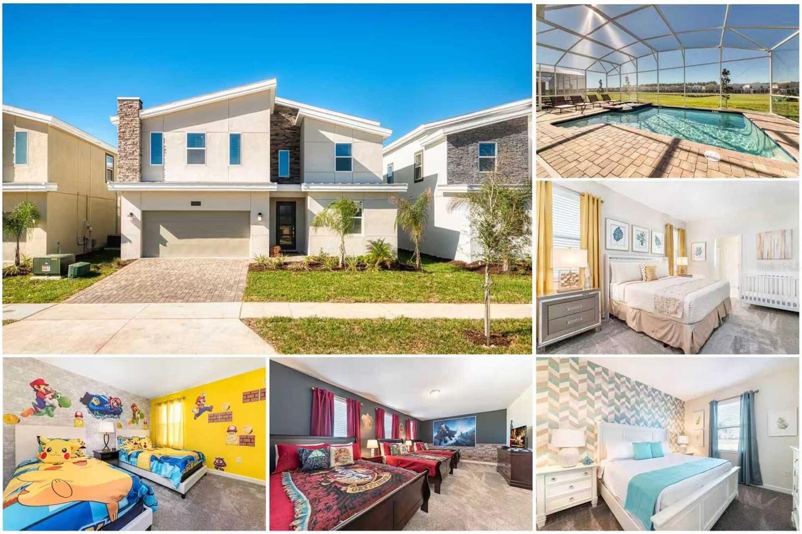 GORGEOUS GOLF COURSE VIEW – This fully furnished pool home overlooks a championship 18-hole golf course in the highly desirable Champions Gate Retreat. Offering 8 bedrooms and 5 bathrooms, this spacious retreat is designed to host large families or operate as a premier short-term rental — comfortably accommodating up to 22 guests! The open-concept main floor features elegant tile flooring, a bright family room, dining area, and a gourmet kitchen complete with granite countertops, stainless steel appliances, and a large island. Sliding glass doors open to a covered lanai and a screened-in heated pool and spa, overlook golf course enjoying Florida’s indoor/outdoor lifestyle.
A primary suite and an additional guest bedroom are conveniently located downstairs. Upstairs, you’ll find multiple guest bedrooms, including four themed rooms — Harry Potter, Star Wars, Toy Story and Frozen. The garage has been transformed into an inviting game room, adding even more entertainment options. Just a short walk to world-class community amenities such as multiple clubhouses, resort pools, lazy river, waterslides, tiki bar, theater, fitness center, volleyball and tennis courts, and more! HOA fees include lawn care, internet, cable, and daily valet trash service within this secure 24-hour guard-gated community. All located just minutes from Orlando’s best shopping, dining, and top attractions.
Fully furnished as shown, this property is ready for immediate use, whether for personal getaways or short-term rentals. It’s currently enrolled in a successful rental program with existing bookings, presenting immediate income potential if management is retained 

Don’t miss the chance to own this spectacular home — schedule your showing today!