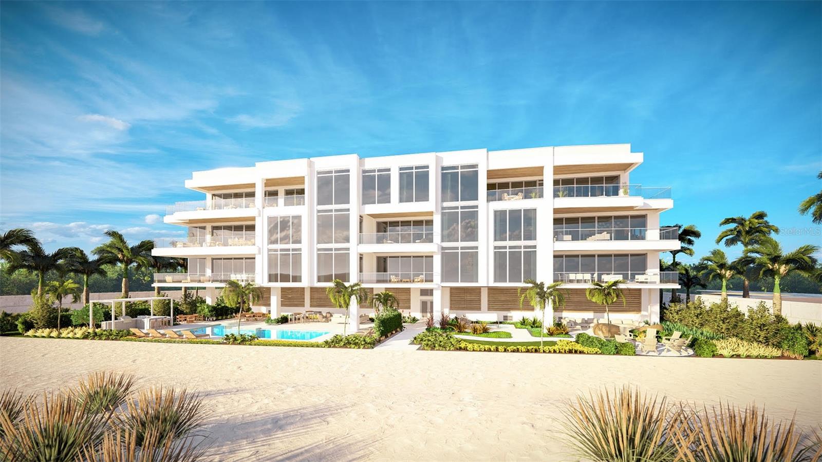 One or more photo(s) has been virtually staged. Pre-Construction. To be built. Introducing Sunset Beach, the premier boutique condominium on Siesta Key, offering refined beachfront living with breathtaking Gulf views. This exclusive collection features 11 residences with open-concept, flow-through floor plans and expansive glass walls. The spacious terraces and thoughtfully designed great room provide ample space for gathering, dining with family, entertaining guests, or simply relaxing and recharging. Experience the epitome of waterfront luxury, sophistication, and style, surrounded by nature's unmatched beauty.

Nestled in a quintessential Siesta Key neighborhood, Sunset Beach offers the ultimate tropical modern luxury experience. With 175 linear feet of pristine private shoreline on the Gulf of Mexico, each home is uniquely designed by the world-renowned architecture firm MHK and features integrated native-inspired landscaping and gardens by DWJA Landscape Architects.

Each residence includes 10-foot ceilings (except where dropped), floor-to-ceiling windows, oversized terraces with direct Gulf views, spacious living, dining, and entertaining areas, custom kitchens and bars with Sub-Zero and Wolf appliances, solid-core 8’ high entry and interior doors, floor-to-ceiling hurricane-resistant balcony sliders with laminated solar tint glass, sound-limiting laminated/insulated windows with solar-tinted glass, glass balcony railings, low voltage pre-wiring for state-of-the-art Smart Home technology, high-efficiency air conditioning and heating systems, and stained tongue-and-groove ceilings on terraces.

This four-story development spans two and a half Gulf-front acres and includes a secured residential lobby with direct private elevator entry to each residence. The three-bedroom plus study residences range from 3,780 to 5,310 square feet. Spend your day relaxing by the poolside or take a few steps to a beachside lounge chair, where you can relax under an umbrella and enjoy the stunning views of crystal-clear water and white sand.

Amenities include a beachfront swimming pool, spa, cabanas, and fire pit, lounge chairs, umbrellas, kayaks, paddle boards, and bikes, a state-of-the-art fitness center, beachfront grilling area, and private on-site storage units. Call us today to learn more!