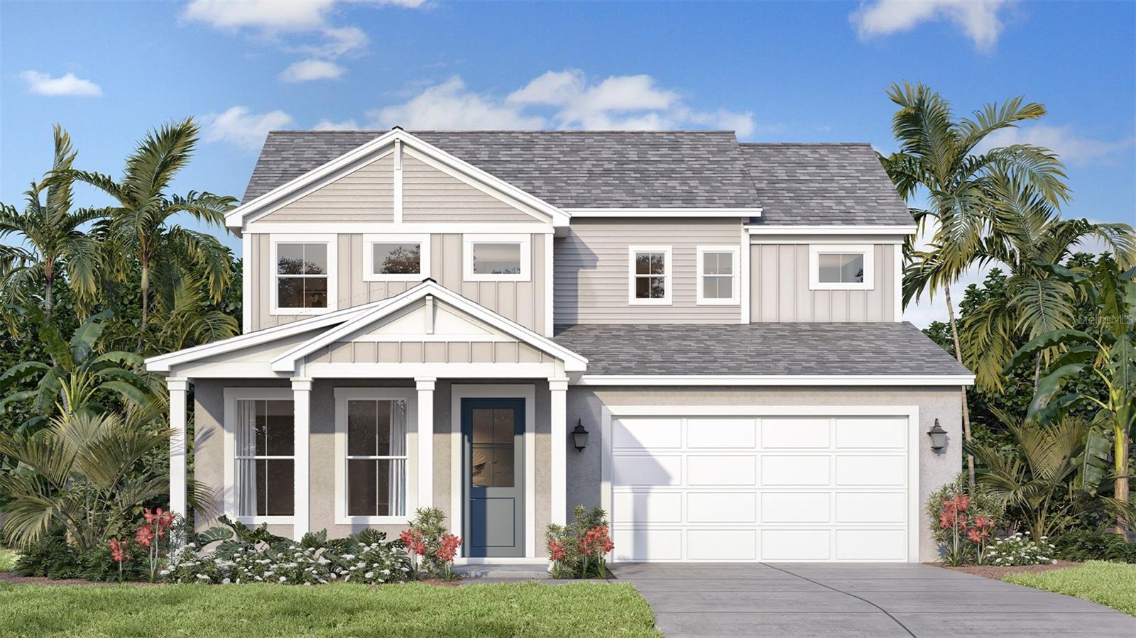Under Construction. Welcome to this stunning 2,753 sq. ft. Farmhouse-elevation home featuring breathtaking water views and abundant natural light throughout. This spacious floor plan offers 4 bedrooms, 3.5 bathrooms, a private office, and a versatile loft and oversize covered lanai. The first floor showcases beautiful tile flooring throughout the main living areas, a luxurious primary suite, a dedicated office, and a convenient laundry room. The gourmet chef's kitchen is designed to impress with quartz countertops, ample cabinetry, and an open-concept layout perfect for entertaining. Step outside to the covered lanai and enjoy peaceful water views with no rear neighbors. Upstairs, you'll find a spacious loft, three secondary bedrooms with walk-in closets, and two additional bathrooms. One of the bedrooms features its own private en-suite bathroom, making it ideal for guests or multigenerational living. Carpet is included throughout the second floor living areas, with tile flooring in the bathrooms. Expected completion in October. Don't miss this opportunity to own a beautifully designed home in a desirable setting with privacy, water views, and exceptional living space.