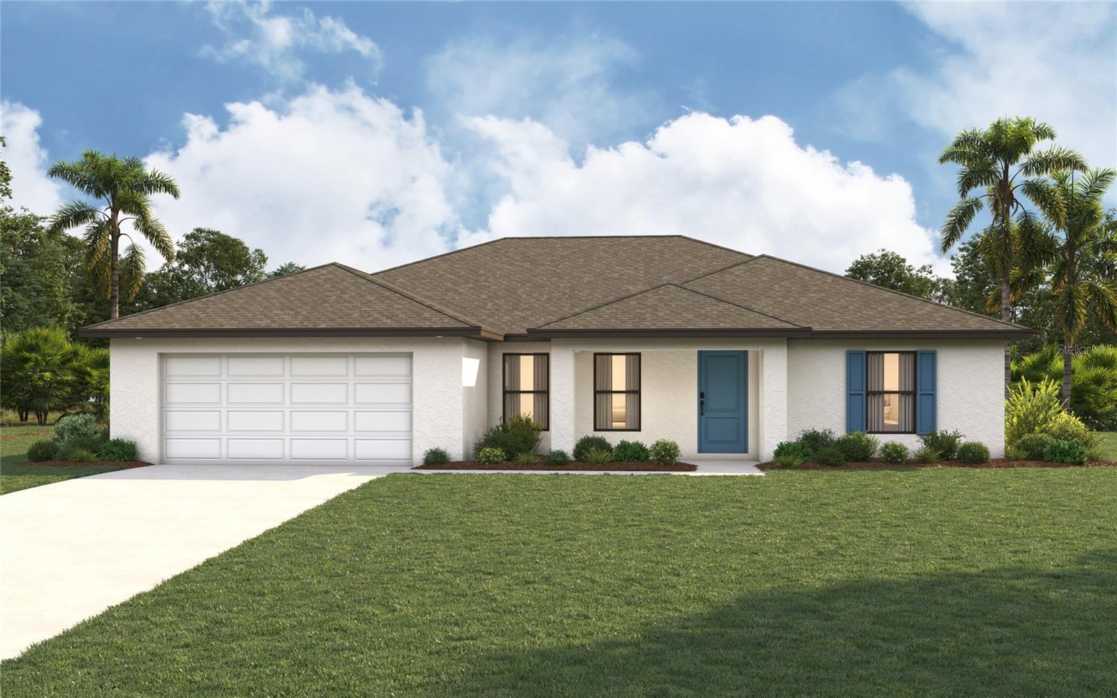 Under Construction. New construction with warranty - Estimated delivery August 2026.  The St. Augustine blends elegant design with everyday functionality, offering the perfect balance of indoor comfort and outdoor living. A welcoming covered front porch leads into the heart of the home, where an open-concept layout with a vaulted ceiling creates a sense of spaciousness and flow. The dining area with double windows, gourmet kitchen with a freestanding island and pantry, and expansive Great Room with sliding glass doors all work together to maximize natural light and create an inviting atmosphere. Step outside to the large covered lanai—ideal for relaxing or entertaining.  The private Primary Suite is a true retreat, featuring two generous walk-in closets and an en-suite bathroom with a dual sink vanity, a tiled walk-in shower, and a large linen closet for added convenience. On the opposite side of the home, three additional bedrooms provide flexibility for family, guests, or the perfect home office.  Additional features include:  Quartz countertops in kitchen and baths, Shaker-style cabinetry with soft-close doors, stainless steel kitchen appliance package, upgraded plank tile flooring in main living areas, hurricane-impact windows and doors, covered entry, and an attached 2-car garage with direct access to the laundry room.  Pictures, renderings, & virtual tour are of similar home & are used for display purposes only.