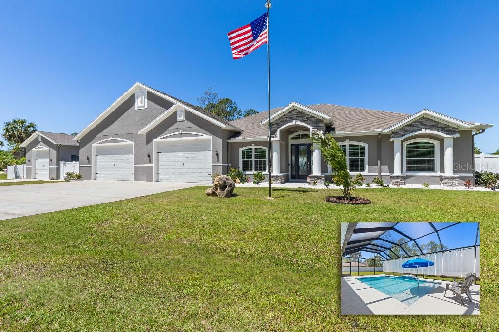 Built in 2022, this custom 4-bedroom, 3-bath home offers modern design, an open layout, and premium finishes throughout. The main living area features vaulted ceilings, a spacious great room, and a contemporary kitchen with GE Profile appliances, upgraded cabinetry, and an oversized island.

A standout feature of the property is the 1,800-sq-ft insulated, climate-controlled garage/workshop footprint with 12-ft ceilings, a drive-through bay, split-system AC, and extensive storage options—ideal for specialty vehicles, equipment, or hobby use.

The home sits on a double lot totaling 20,608 sq ft, providing added space and privacy. Outdoor living includes a screen-enclosed pool with direct bathroom access, a fenced yard, and irrigation supplied by a private well. Additional features include a whole-house generator, hurricane shutters, water treatment system, and full gutters.

Located in a quiet residential area with convenient access to local amenities, this property combines modern construction, functional upgrades, and exceptional garage/workspace capacity.