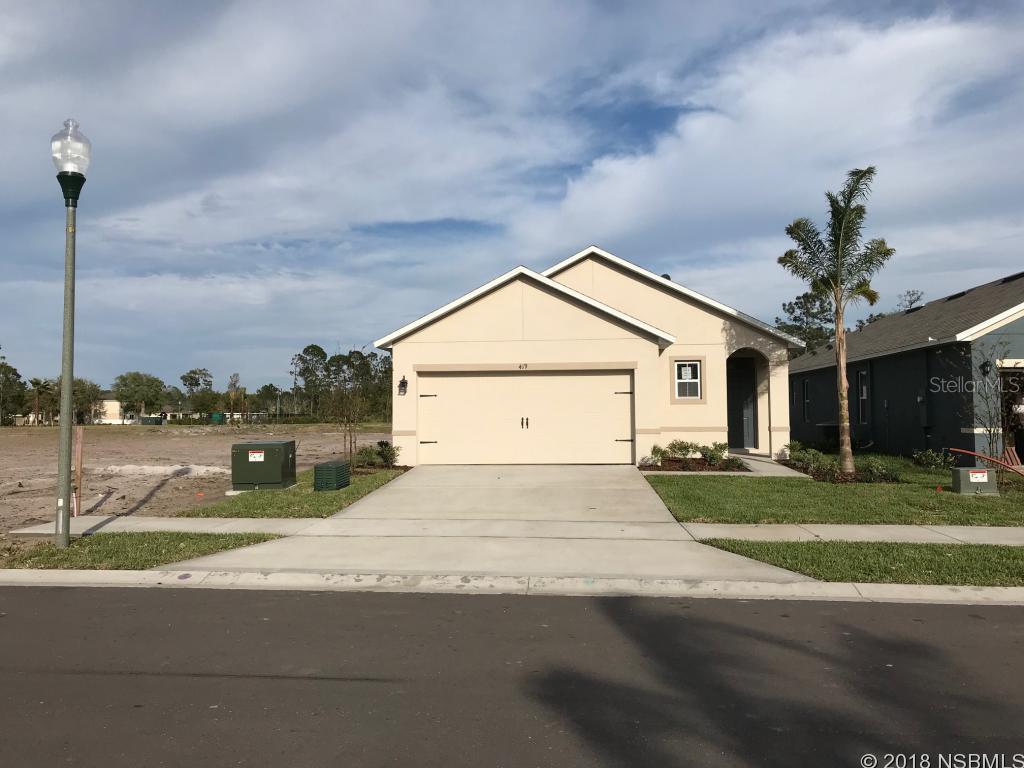 What a great opportunity to live in a brand new DR Horton Home On The water with water features! Just minutes from the beach, Best location in town! Take a bike ride on the trail to downtown shopping and dining in New Smyrna Beach. This is the Allex floor plan which welcomes you into the entry hall and leads you past the front Dining area of the home into the large spacious kitchen, Overlooking the family area. The Kitchen boasts a 7 foot breakfast bar, walk past the Living area onto your covered patio were you will enjoy those outdoor events with friends and family. This 3 bedroom, 2 bath, 2 car garage home is under construction., This must see home comes with the all the extras including refrigerator, washer/dryer and blinds. complete with the highly energy efficient 15 SEER AC, dual pane low E windows, radiant barrier to save on your utility bills. No Pets