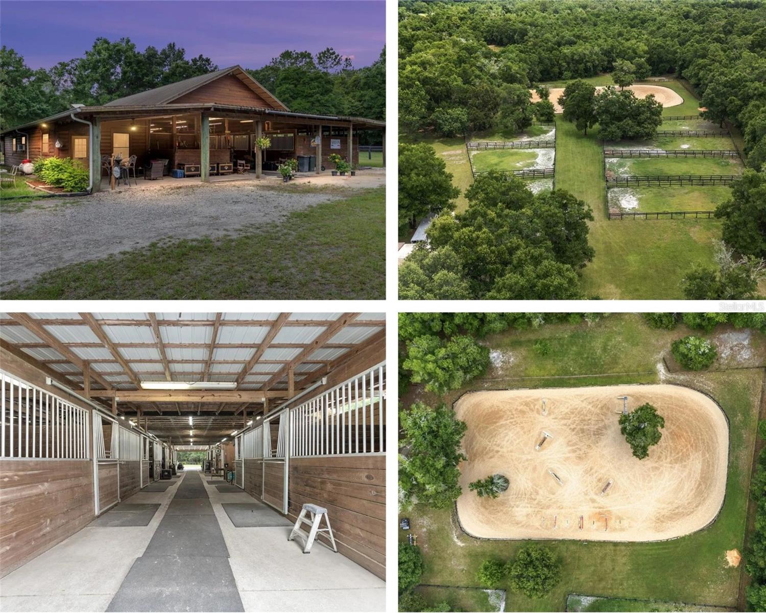 ncome-producing 30+ acre equestrian compound with (3) RV hookups, fiber optic high-speed WiFi, and professional training infrastructure, ideally located just minutes from (WEC) World Equestrian Center and HITS. Tucked at the end of a semi-private gated road and surrounded by large acreage farms and mature trees, this quiet and secluded property offers privacy without sacrificing convenience — and features no mandatory HOA dues. Welcome clients down a shaded, tree-lined drive to a fully fenced and gated farm designed for serious horsemen and profitable operations.

The center-aisle show barn offers 21 stalls, three oversized grooming stalls, a wash rack, dedicated feed and tack rooms, and an attached 1,200-square-foot two-bedroom, one-bath apartment ideal for a live-in manager, trainer, or seasonal residence. Anchoring the equestrian amenities is an irrigated 180 x 220 arena with premium GGT footing for dependable year-round training, suitable for dressage, hunters, jumpers, or young prospects. Nineteen irrigated paddocks with ample shade are enclosed by three-board and top-board-with-wire fencing, and a perimeter bridle path provides space for conditioning and relaxed hacking beneath the oaks.

The property offers multiple income streams, including stall rentals, boarding, breeding, and training opportunities, along with two charming 540-square-foot cabins ideal for Airbnb, client housing, clinic accommodations, or staff quarters. Three RV hookups with water and electric provide additional flexibility for winter circuit riders, show clients, or seasonal guests. Multiple additional homesites allow for future expansion or a custom main residence.

Conveniently located approximately 20 minutes from Gainesville’s full amenities, including world-class UF Health care, the farm also provides easy access to feed stores, equine veterinarians, Black Prong Equestrian Village, Goethe State Forest trail systems, and Bailey Mine Trailhead. This is a rare opportunity to own a revenue-ready equestrian estate combining privacy, infrastructure, connectivity, and location in one turnkey North Central Florida offering.