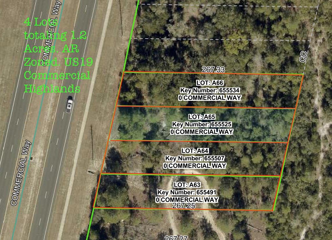 Short Sale. What a fantastic location - This is an amazing opportunity to own 1.2 ac +/- on US19 near the Royal Highlands subdivisions. Close to State Road 50 / Cortez blvd, and Weeki Wachee State Park, and right near new commercial complex's, new home subdivisions and the new lagoon community. The legal description reads Commercial Highlands, however current zoning is listed as AR, keeping property taxes lower. The property is vacant unimproved land. if you have any questions, just ask. 
(Please note - This listing is inclusive of 4 individual lots A63, A64, A65 and A66 - which total approx. 1.2 ac +/-)