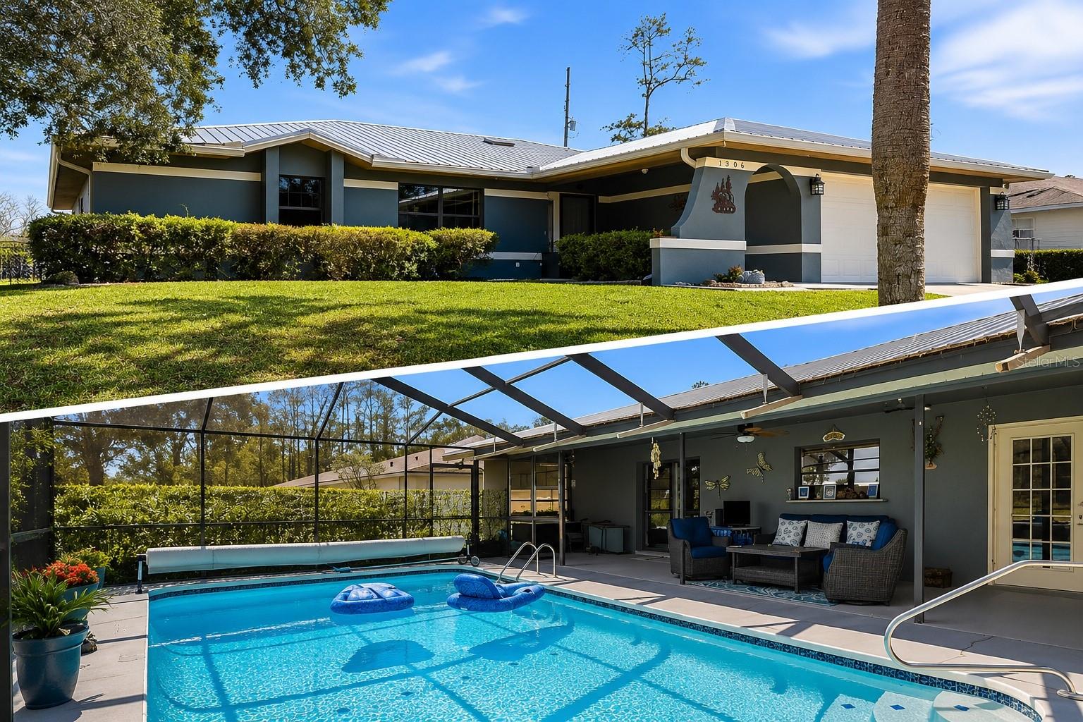 Relax on your private screened lanai and take in unobstructed views of the surrounding nature from this beautifully maintained 3-bedroom, 2-bath pool home featuring a desirable split floor plan. Move-in ready and meticulously cared for, this home offers numerous updates, including a 26-gauge metal roof (2021), a 14.3 SEER HVAC system (2023), and an on-demand tankless water heater. The updated kitchen features wood cabinetry with soft-close doors and drawers, granite countertops, newer stainless steel appliances, and a breakfast bar. The spacious primary suite includes a walk-in closet and an updated bath with a tiled walk-in shower and built-in bench. The 2 guest bedrooms and a full guest bath are located on the opposite side of the home, providing added privacy. Recent upgrades include an automatic underground irrigation system, a dedicated drip irrigation system for the lanai plants, refreshed landscaping, fresh interior paint, and a new water softener located in the garage. The spacious inside laundry room features a convenient utility sink for added functionality. Additional features include an oversized two-car garage equipped with an electric garage door opener and keyless entry. Outside, you’ll appreciate the rain gutters with leaf filters, a durable metal storage shed, and a 30-amp electrical hookup—perfect for powering an RV or serving as a generator connection for added peace of mind. The south-facing screened lanai and expansive pool create the perfect outdoor retreat, offering all-day sunshine and peaceful views. Ideal for relaxing or entertaining and bringing family closer together. Call today for your private showing!