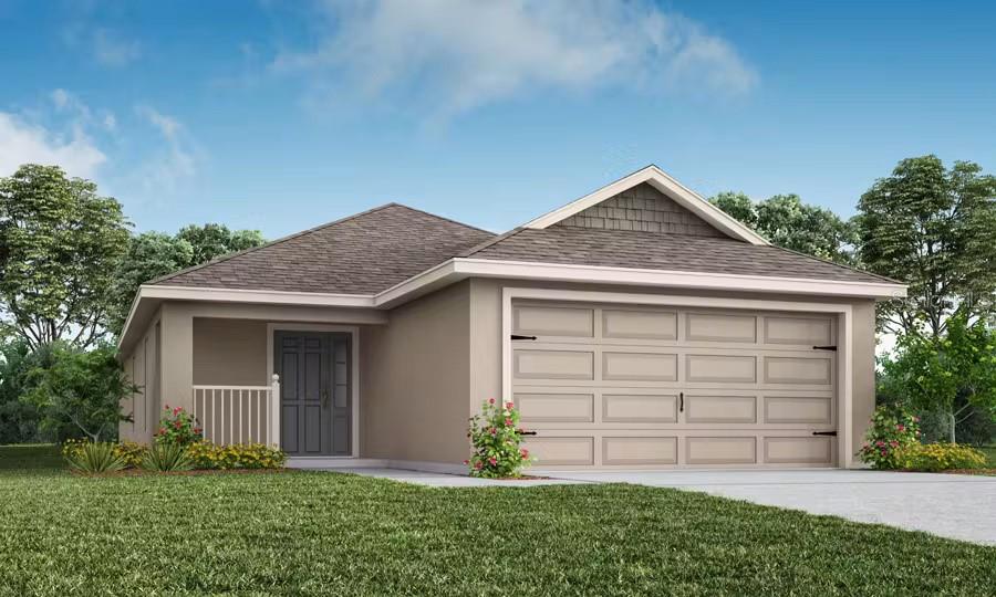 Under Construction. New construction home with 1,479 square feet on one-story including 3 bedrooms, 2 baths, and an open living area. Enjoy an open kitchen with Quartz countertops, Samsung stainless steel appliances, pantry, and a spacious counter height bar, fully open to the dining café and gathering room. The living area, laundry room, and baths include luxury wood vinyl plank flooring, with stain-resistant carpet in the bedrooms. Your owner's suite is complete with a walk-in wardrobe and a private en-suite bath with a tiled shower and linen closet. Plus, enjoy a covered lanai, 2-car garage, custom-fit window blinds, architectural shingles, energy-efficient insulation and windows, and a full builder warranty. Please note, virtual tour/photos showcases the home layout; colors and design options in actual home for sale may differ. Furnishings and decor do not convey."