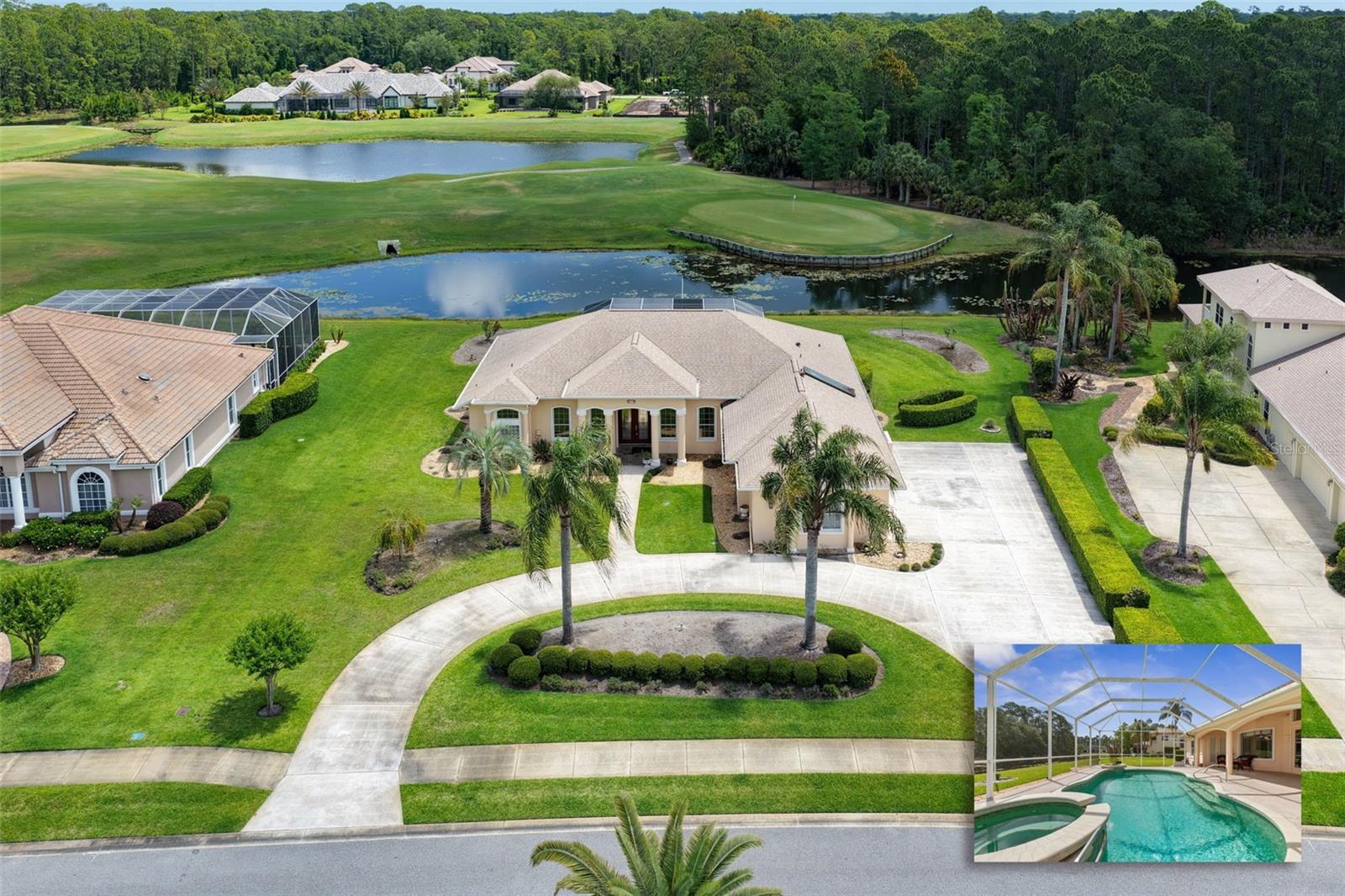 Experience refined lakefront living in this custom Charles Rinek–built home, perfectly positioned on the 12th hole of the Prestwick course in the prestigious, gated Plantation Bay Golf & Country Club. Designed with timeless craftsmanship and modern comfort, this 3-bedroom, 3-bath + office residence offers sweeping water and fairway views from nearly every room.A circular paver drive, side-entry 3-car garage with epoxy flooring, and lush landscaping create an impressive arrival. Inside, you’ll find elegant architectural details including crown molding, volume ceilings, double tray accents, and expansive windows that flood the home with natural light. The grand gathering room features built-ins, an electric fireplace, and French doors that open directly to the lanai.The chef’s kitchen is ideal for entertaining, offering granite counters, custom cabinetry, a center island, built-in refrigerator, wine storage, and a dedicated wet bar, perfect for entertaining. The spacious primary suite enjoys private pool access, California closets, and a spa-inspired bath with garden tub, walk-in shower, and raised vanities.Step outside to your private oasis: a screened lanai with heated pool and spa, paver decking, and serene views of the lake and golf course. Additional upgrades include a 17 kW whole-house generator, water softener, and well-appointed laundry room with cabinetry and utility sink.A rare combination of craftsmanship, location, and lifestyle — this home offers the best of Plantation Bay living.


Plantation Bay Golf & Country Club is a private gated community with 24 hr. access control, tow swimming pools, fitness facility, pickle ball and tennis courts, two clubhouses, including the new $30 million Founders Clubhouse and 48 holes of golf (membership optional.) It is centrally located, only minutes to beaches, eateries, universities, NASCAR Racing and Tanger Outlet Mall.