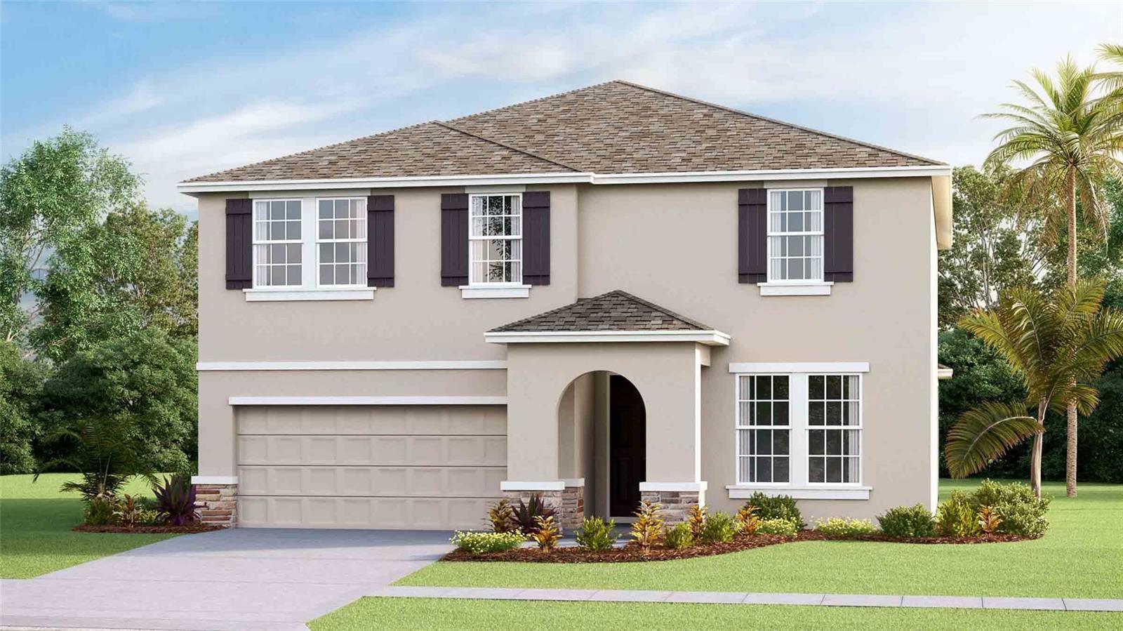 Under Construction. This two-story, all concrete block constructed home has a large open concept kitchen overlooking the great room and dining area that leads to a covered lanai. The first floor also provides a flex room upon entering the home, as well as a spacious guest bedroom and full bathroom. Upstairs there is a large bonus room, great for work or for play, as well as Bedroom 1 with ensuite bath, three additional bedrooms, a third full bathroom, and a well-appointed laundry room. This home comes with an installed stainless-steel dishwasher, electric range, and microwave. Pictures, photographs, colors, features, and sizes are for illustration purposes only and will vary from the homes as built. Home and community information including pricing, included features, terms, availability, and amenities are subject to change and prior sale at any time without notice or obligation. CRC057592.
