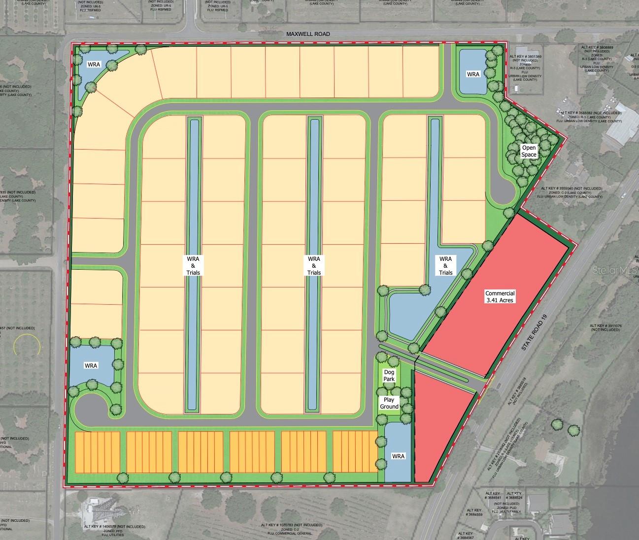 Up to 85 homes already approved on this great opportunity for development residential or commercial or both. Recently annexed into the City of Umatilla with the City's water lines are on three sides of this property, and the sewer lines currently just South of the property. Included in one of the photos and as an attachment is a concept plan for 49 homesites and 36 townhome lots with over 3 acres reserved for commercial use. The developer's agreement requires that the single family home detached units be on lots with a minimum of 14,500 which was considered when the concept plan was put together. The environmental study report and boundary survey are available.