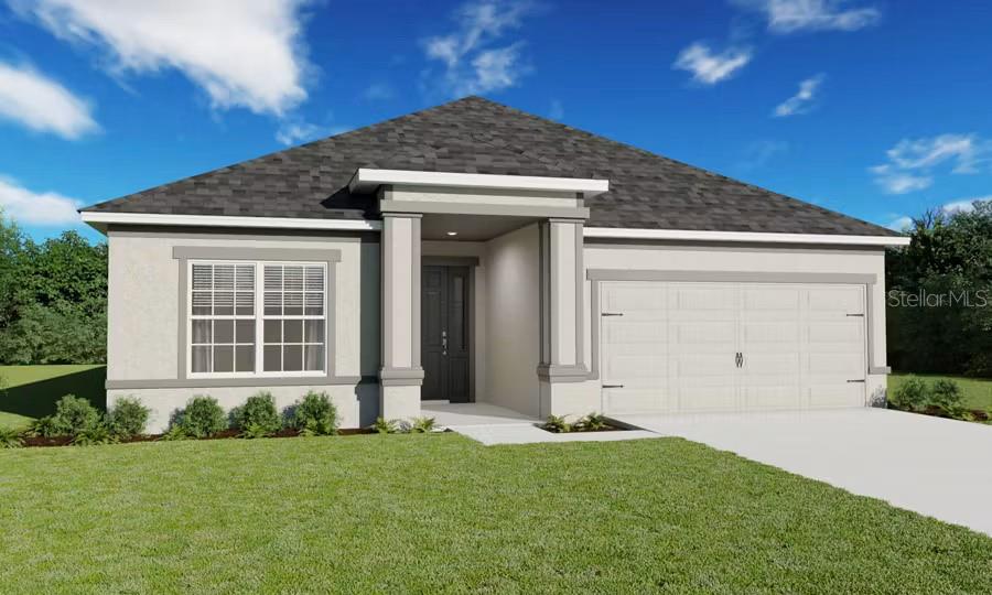 Under Construction. Discover easy, modern living in the Aubrey plan—featuring an open layout with luxury vinyl plank flooring, volume ceilings, and abundant natural light. The gourmet kitchen offers quartz countertops, 42” shaker cabinets, walk-in pantry, and stainless steel Samsung appliances, including a smart range and ENERGY STAR® refrigerator. The owner’s suite includes a walk-in closet and spa-style bath with dual vanities and a decorative tiled shower with glass enclosure. Enjoy outdoor living on the covered lanai. Additional highlights: mudroom with drop zone, laundry room, LED lighting, 2” faux wood blinds, Mohawk carpet in bedrooms, built-in pest control, architectural shingles, and fully sodded, irrigated landscaping. Energy-efficient features include R-30 insulation, foam-injected block, Low-E double-pane windows, and programmable thermostat. Move-in ready and professionally designed for comfort, style, and low maintenance!